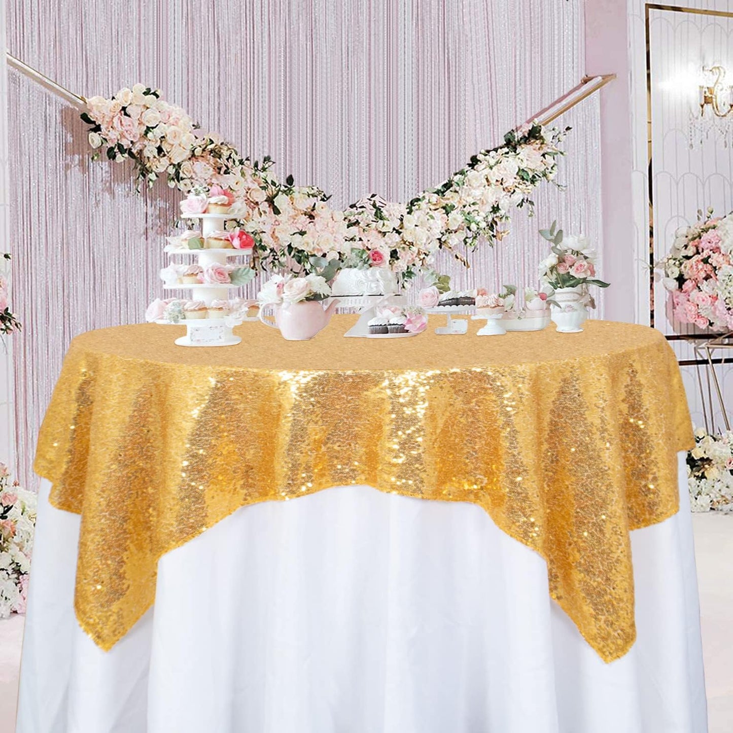ShinyBeauty Gold Tablecloths 36X36 Inch, 2 Pieces Sequin Table Cloth for Party Sparkle Tablecloth Square Golden Small Shimmer Table Overlay for Wedding, Birthday, Holiday,Cake Tables