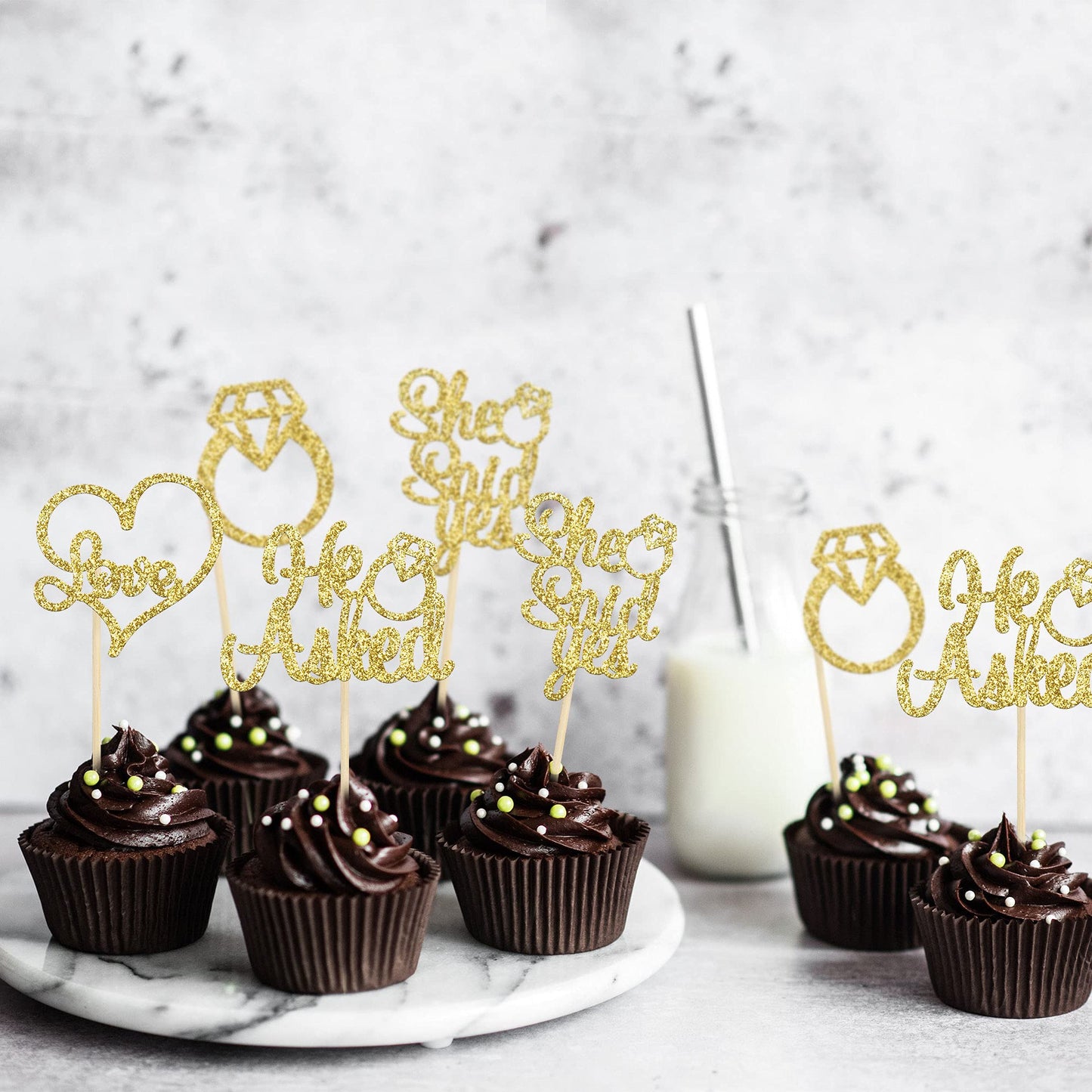 Gyufise He Asked She Said Yes Cupcake Toppers Gold Glitter Diamond Ring Heart Love Cake Picks for
