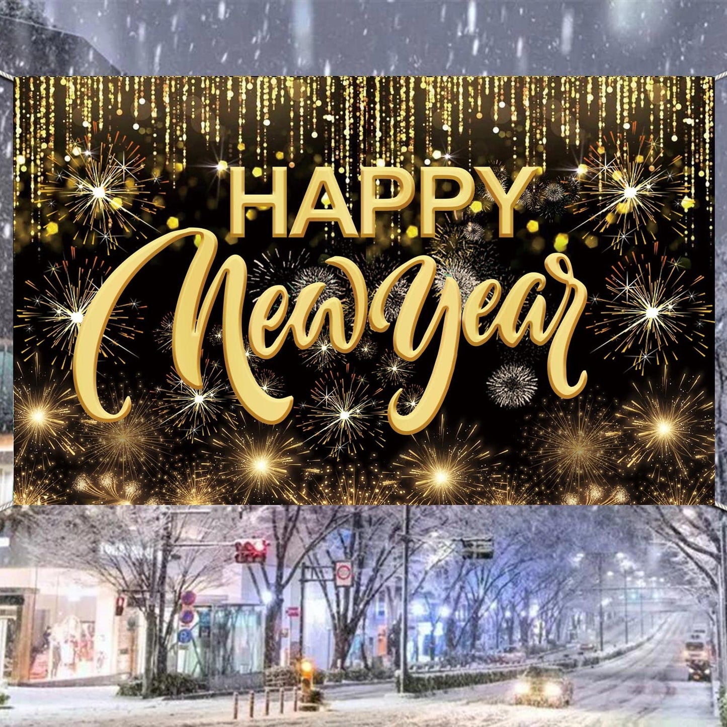Happy New Year Hanging Extra Large Fabric Sign Poster Background Banner with Firework Pattern for