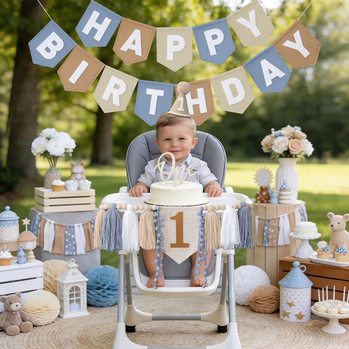 DCJHFJ First Birthday Decorations for Boy Felt Khaki Blue Happy Birthday High Chair Banner