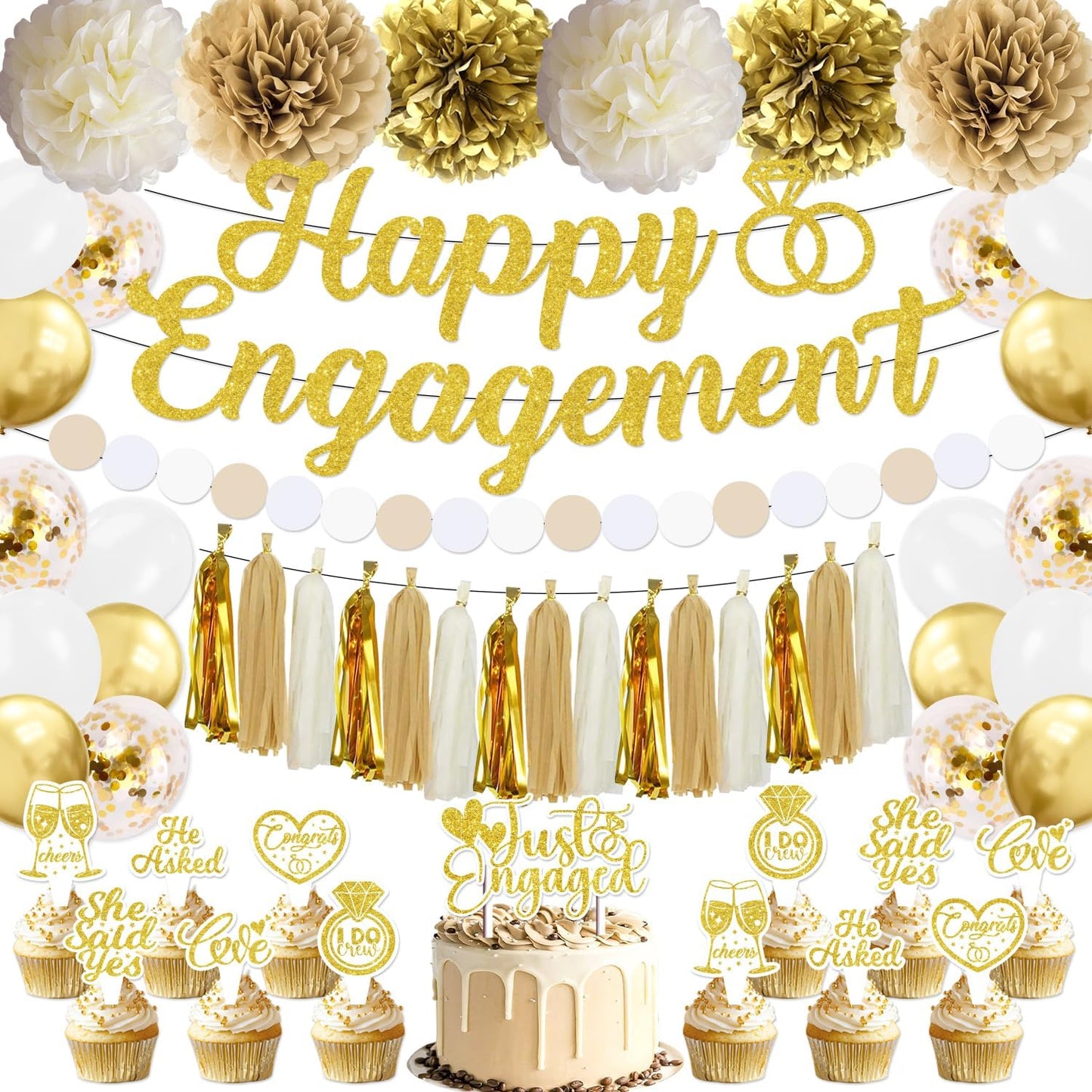 Engagement Party Decorations, Just Engaged Decorations, Happy Engagement Banner Set with Paper Pom Poms, Tissue Tassels, Balloons, Garland & Cake Topper for Wedding Bachelorette Party (Gold)