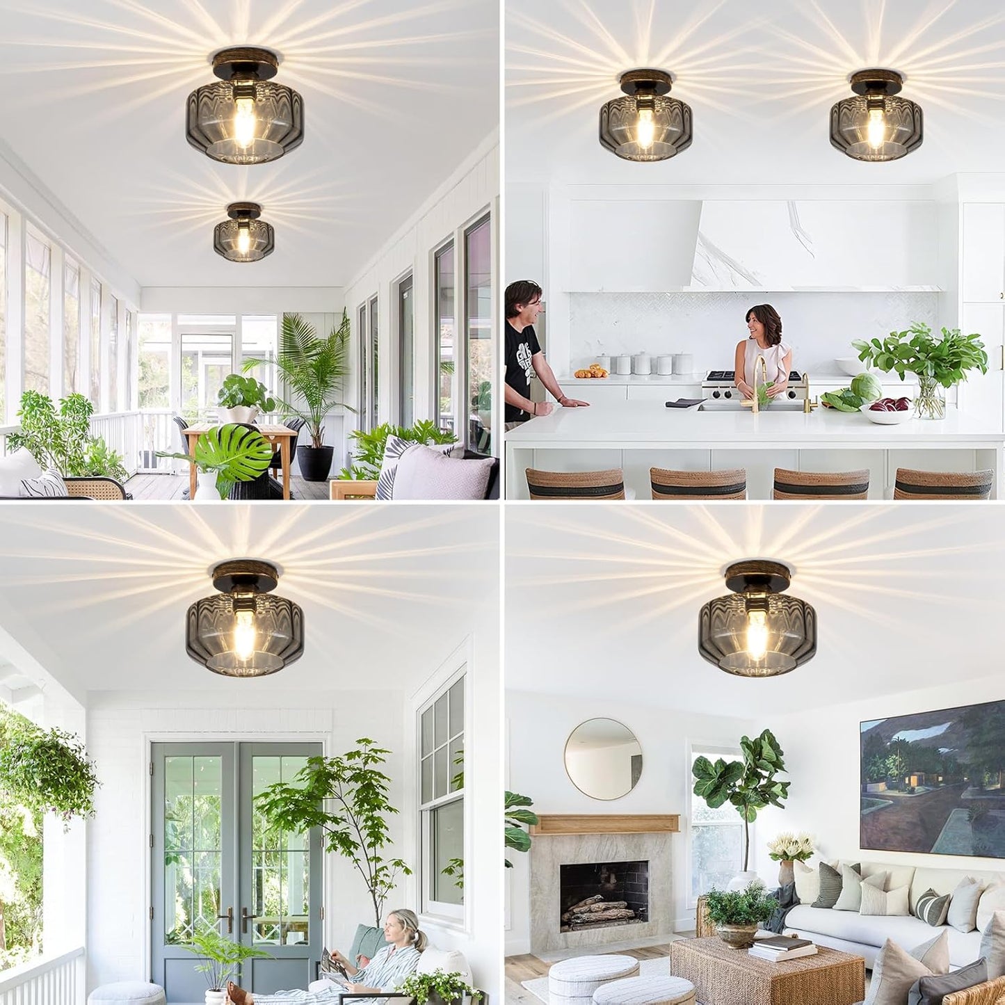 Smoked Glass Flush Mount Ceiling Light with 1200LM LED - Black Champagne Gold 8.66" Damp Rated Fixture for Bathroom Kitchen Hallway Modern Lighting