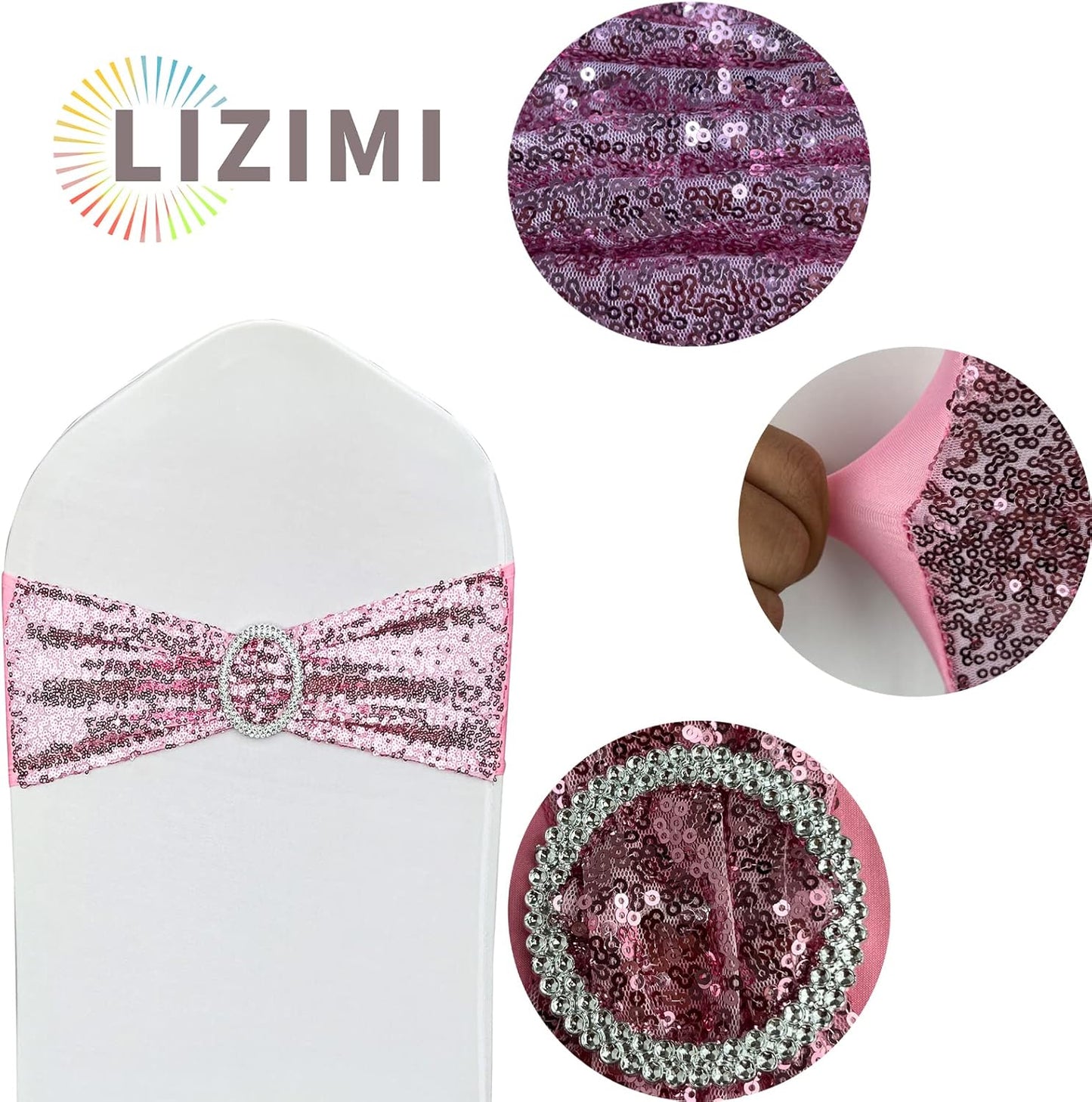 10 Pcs Chair Sashes Sequin Stretch Chair Bands Spandex Polyester Bows for Party Hotel Wedding Banquets Decoration - Pink