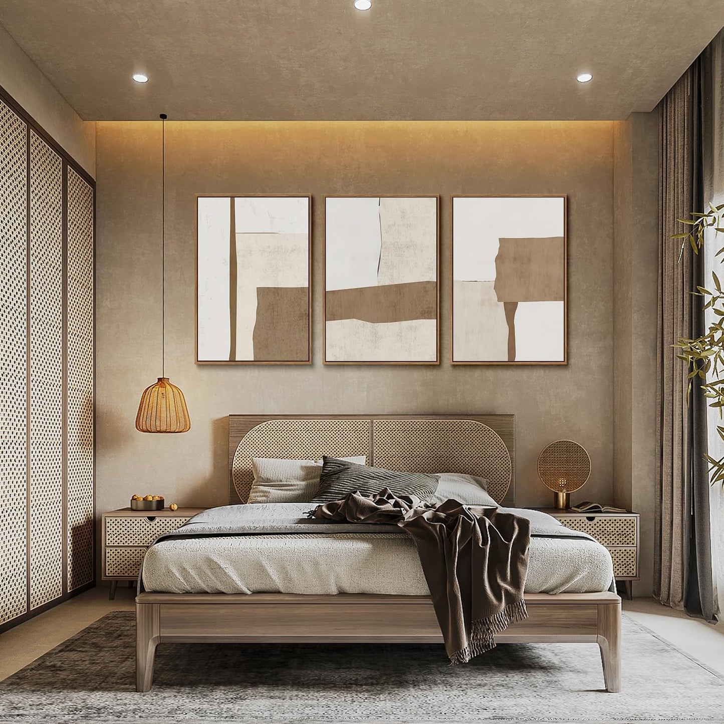 myusuar 3 Piece Large Modern Abstract Canvas Framed Wall Art For Living Room, Brown And Beige Block Minimalist Wall Art Decor Posters Prints For Bedroom Office, 24x36in