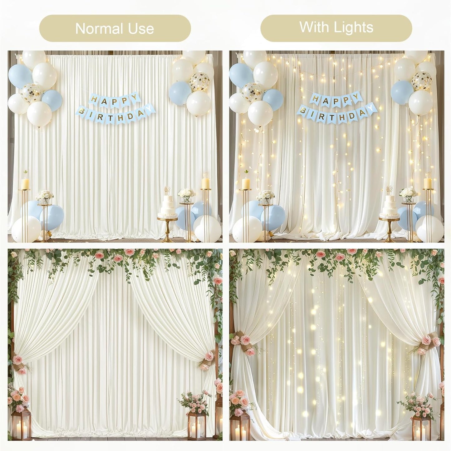 Ivory Backdrop Curtains with Lights for Baby Shower,10x10FT Wrinkle Free Ivory Drapes Photo Backdrop Curtains for Wedding Birthday Party Ceremony Photography Photoshoot Decorations-5ft x 10ft