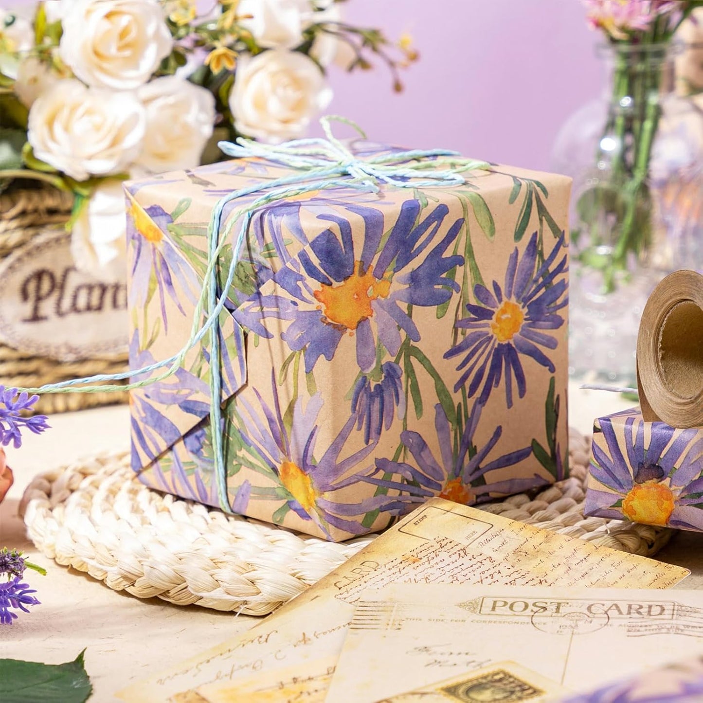 RUSPEPA Purple Daisy Floral Wrapping Paper, Watercolor Flower Kraft Paper - Mini Roll - 17 in x 32.8 ft Each Roll, Gift Wrapping Paper for Girls, Women, Wedding and Birthday,