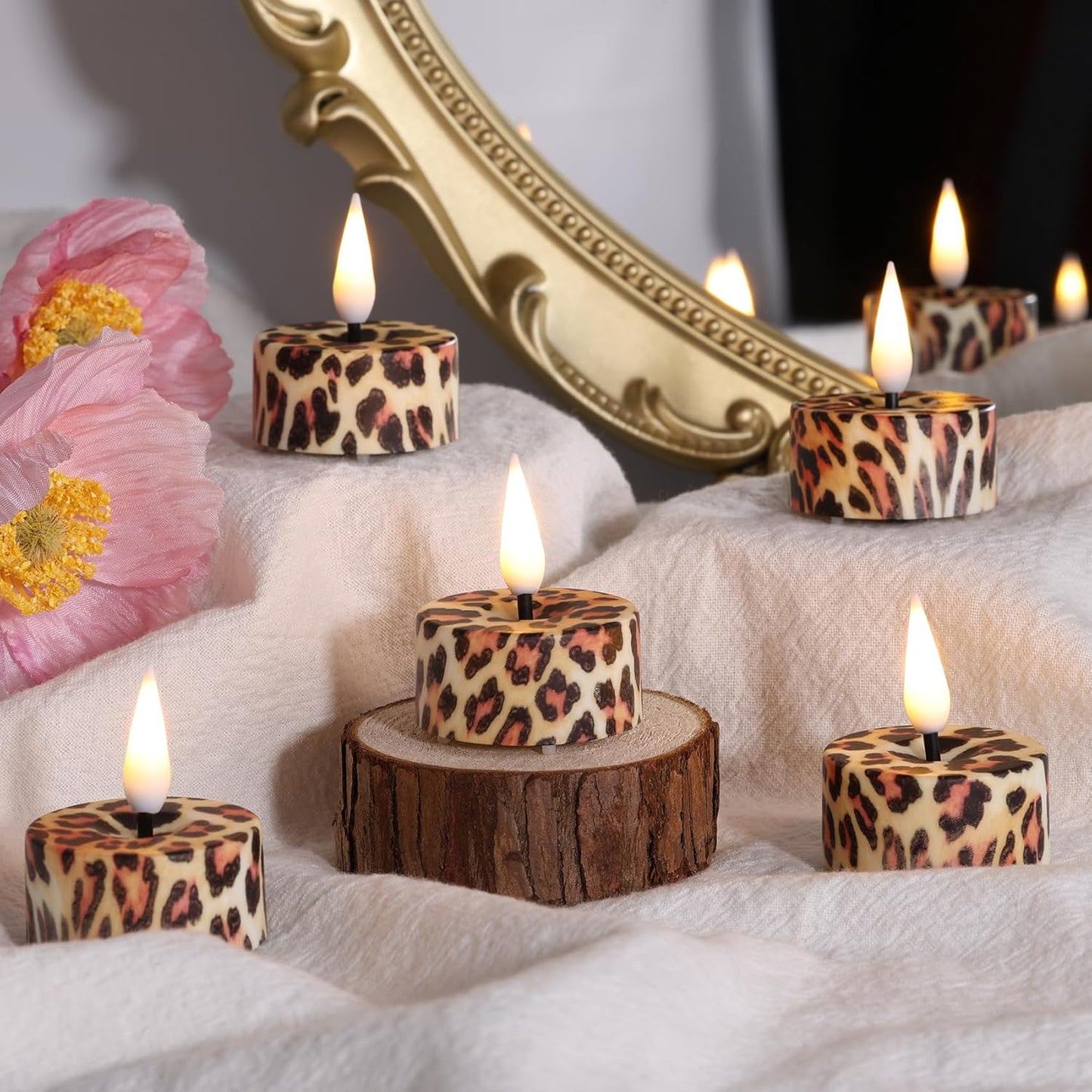 Eywamage Leopard Flameless Tealights with Remote Batteries Included, Flickering Plastic Cheetah LED Tea Votive Candles Set of 12