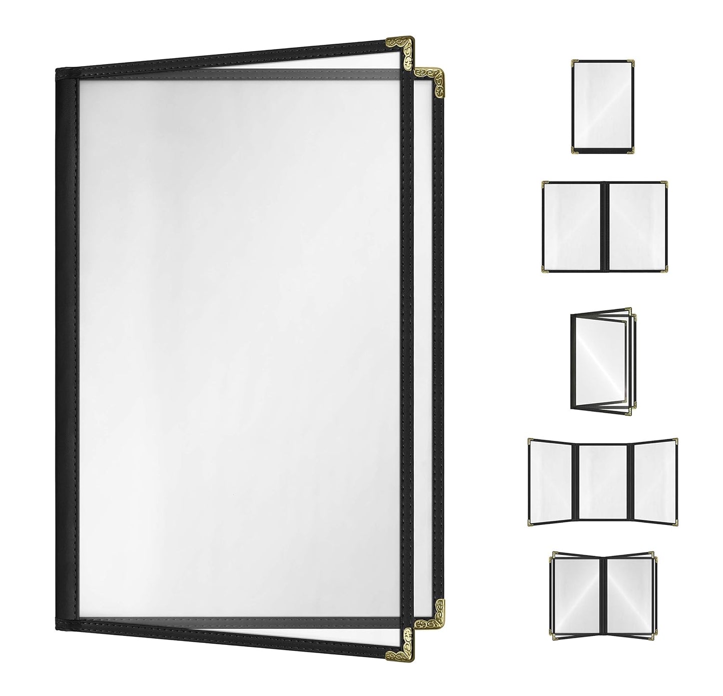 Goodsmart Restaurant Menu Covers – 25 Pack Black 4-View 8.5" x 14", Side-Loading Vinyl & Plastic Menu Holders, Clear Menu Sleeves, Leather-Style Café Covers with Gold Corners