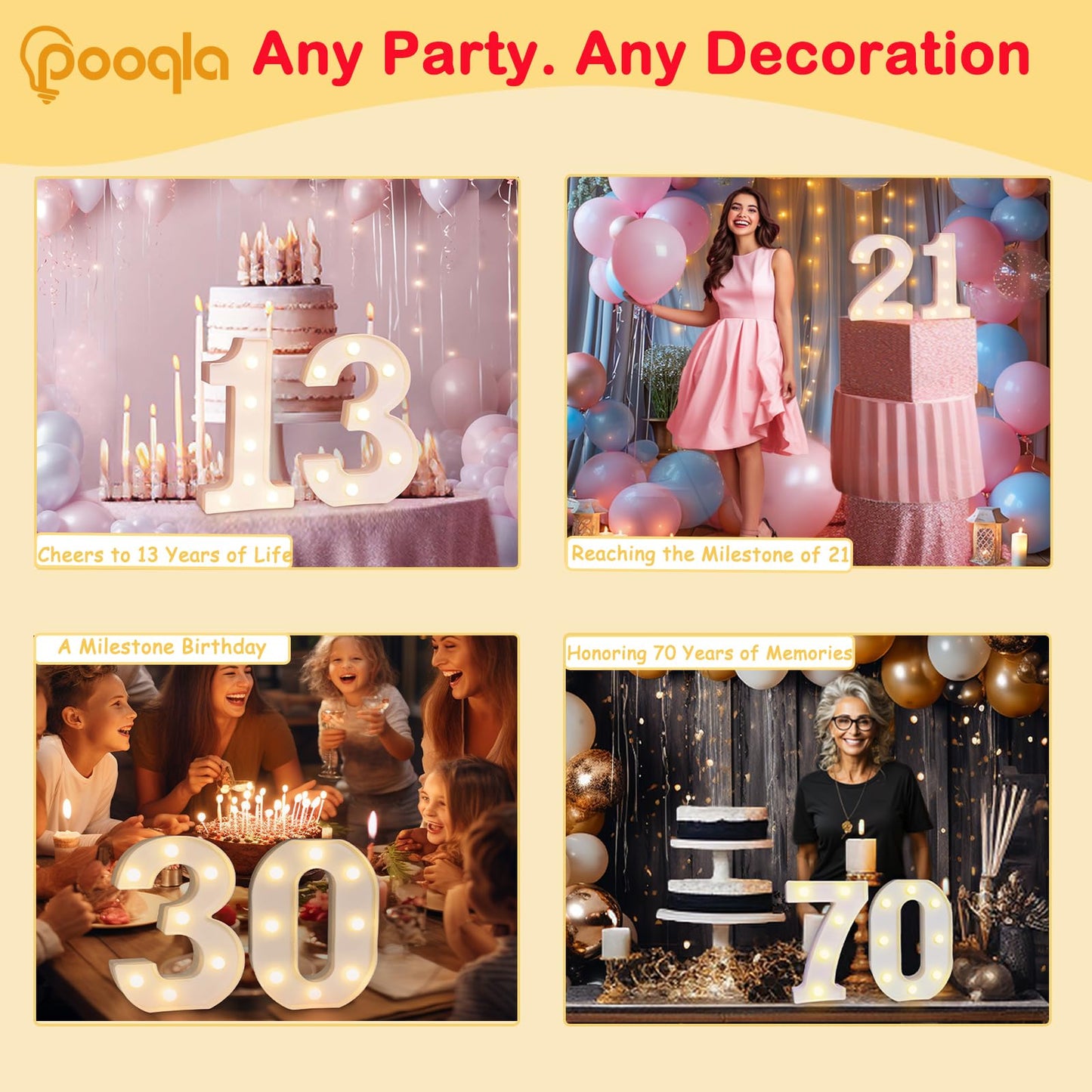 Pooqla Decorative Led Light Up Number Letters, White Plastic Marquee Number Lights Sign 16th