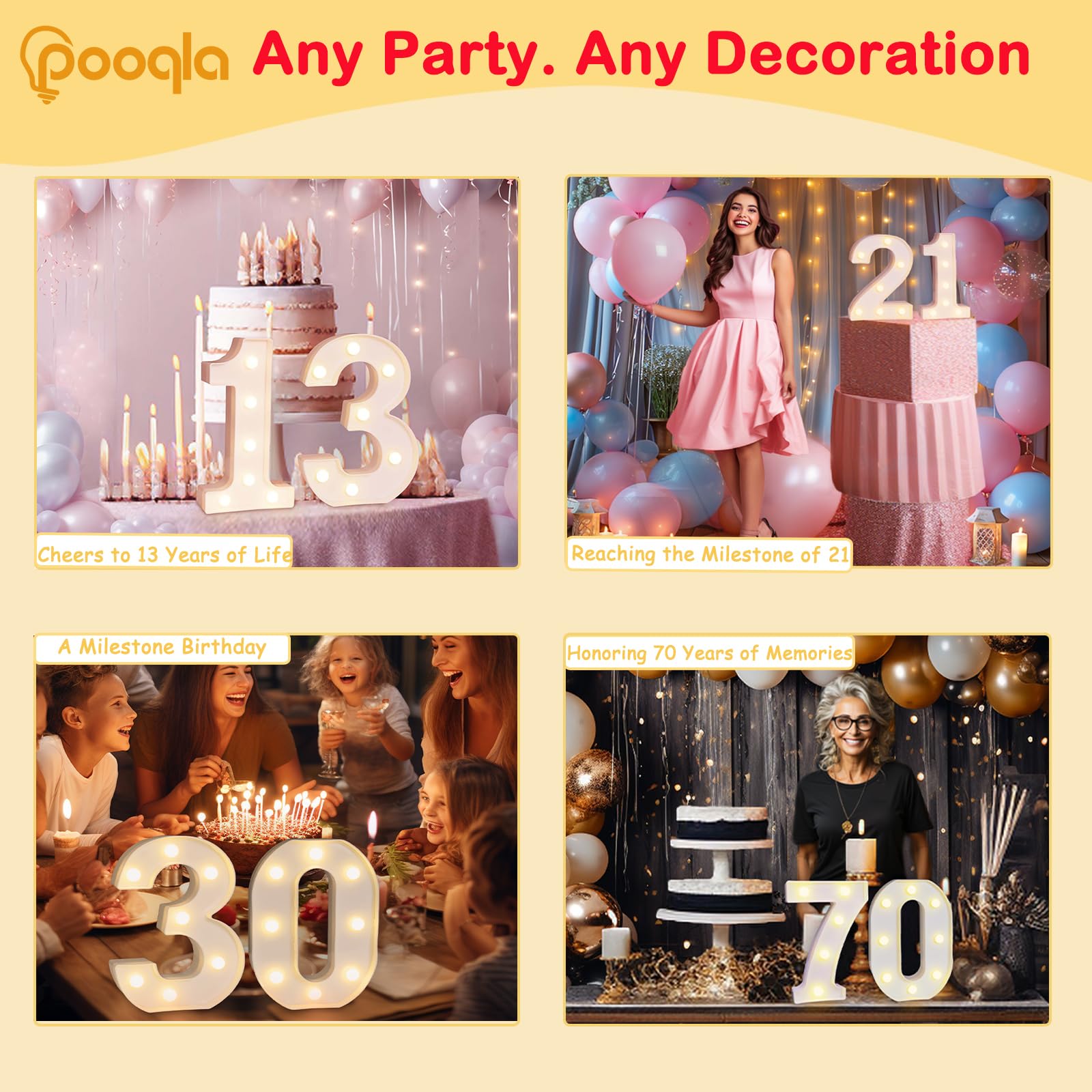 Pooqla Decorative Led Light Up Number Letters, White Plastic Marquee Number Lights Sign 16th