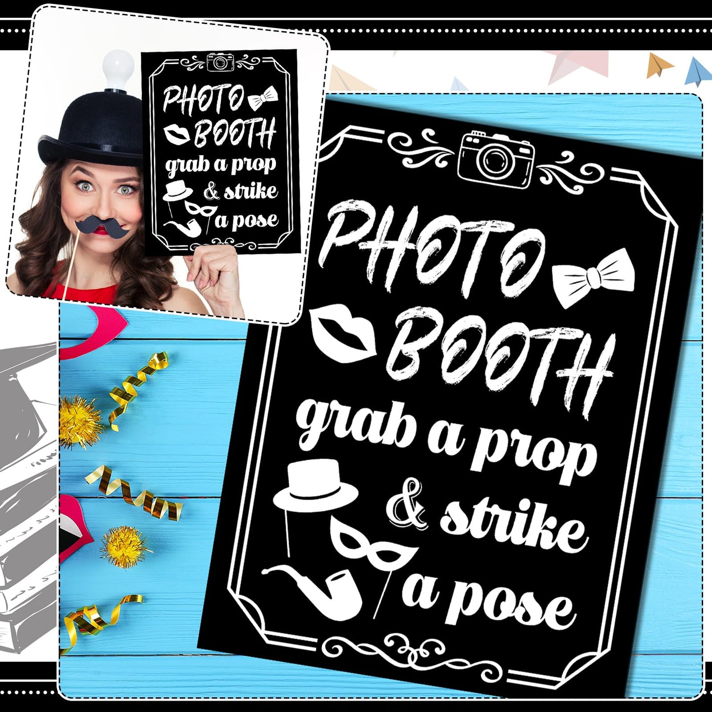 Briwooody Photo Booth Sign with Stand Retro Background Table for Indoor and Outdoor Party Theme