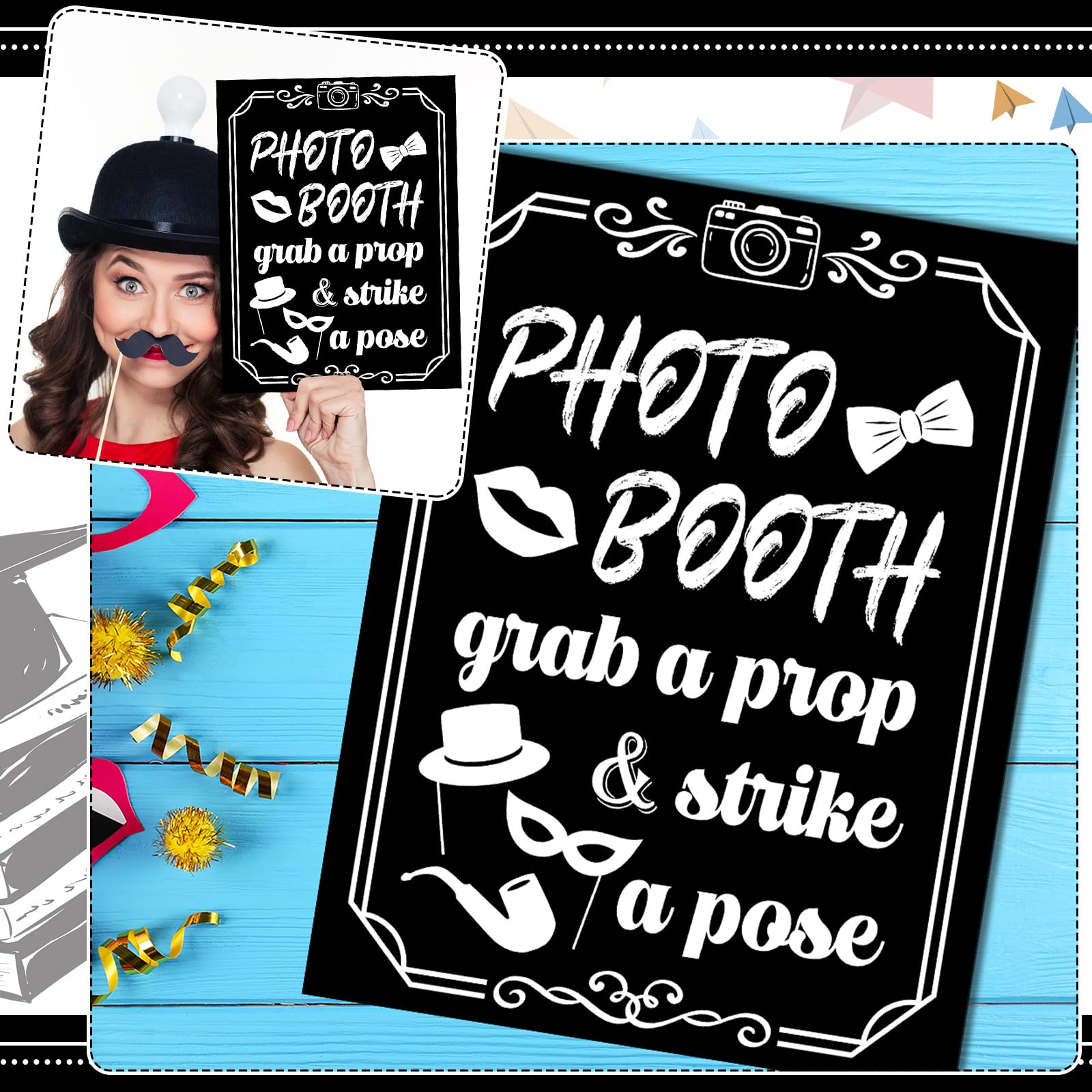 Briwooody Photo Booth Sign with Stand Retro Background Table for Indoor and Outdoor Party Theme