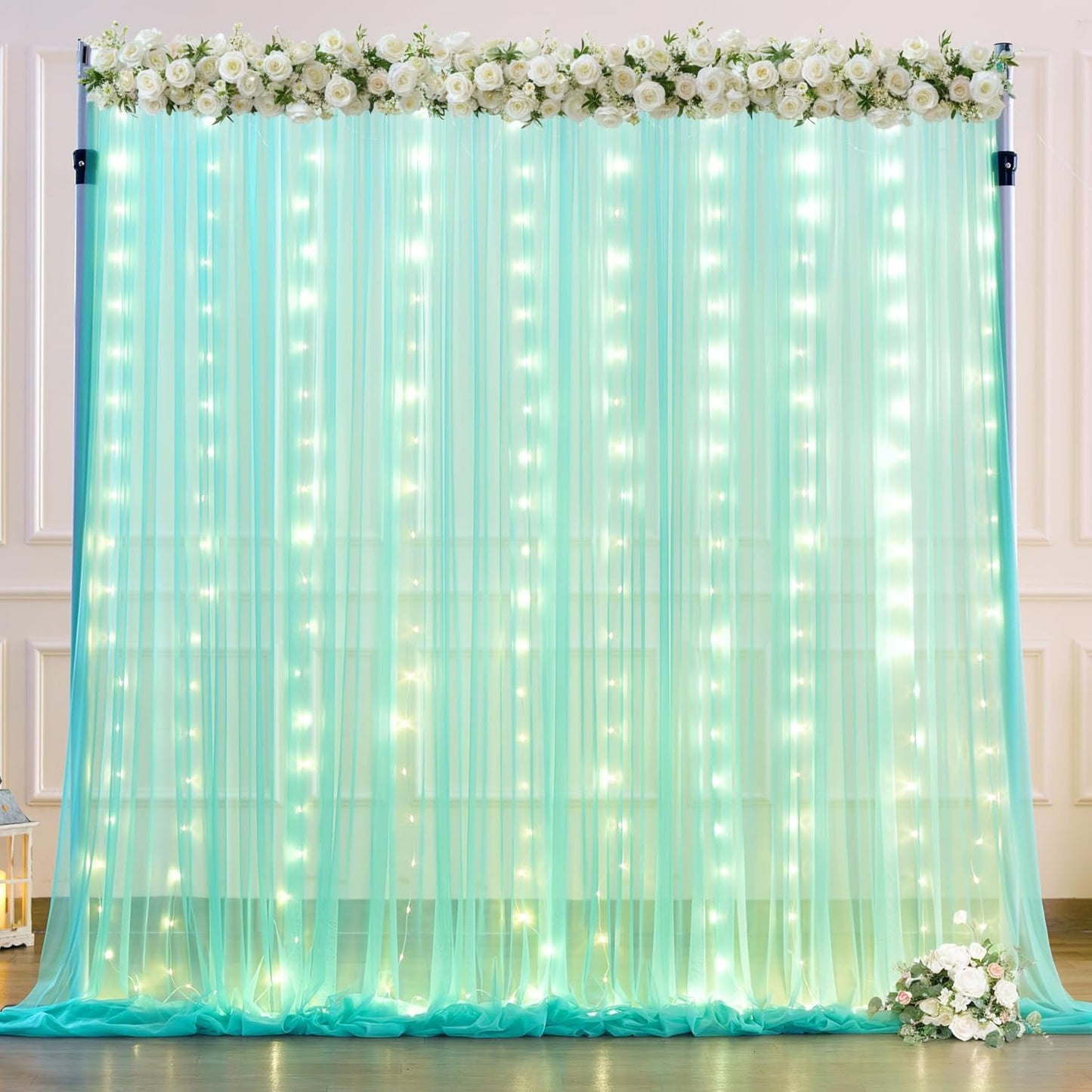 Sage Green Tulle Backdrop Curtains with Lights String for Parites 10x10ft Sheer Backdrop Curtains Drapes for Birthday Party Bridal Shower Baby Shower Christmas Wall Photo Booth Background Decorations