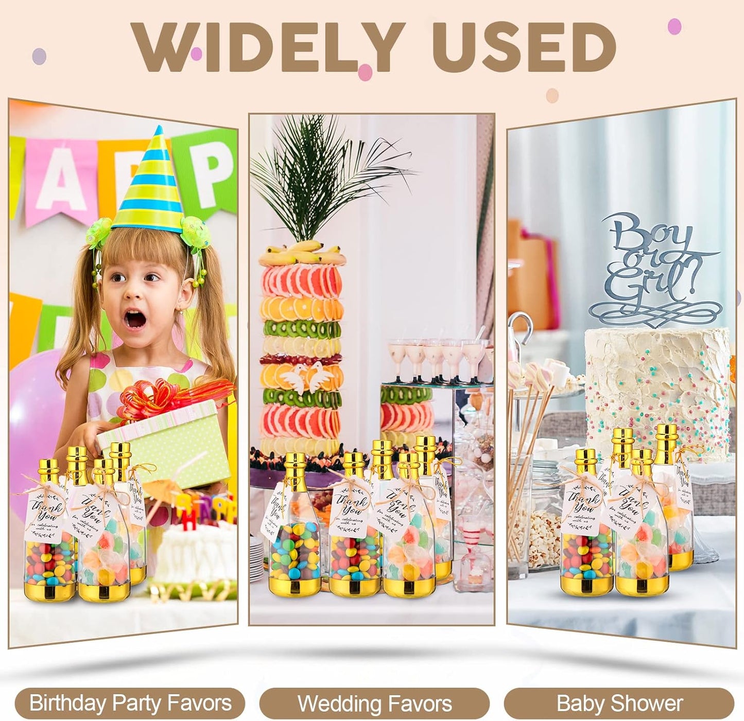 Gerrii 100 Pcs Metallic Mini Champagne Bottle Candy Container Shaped Jars Gold Plastic DIY Favor Candy Bottle Wedding Party Favor Containers with Gift Tags Gold Strings and 65.6ft Rope