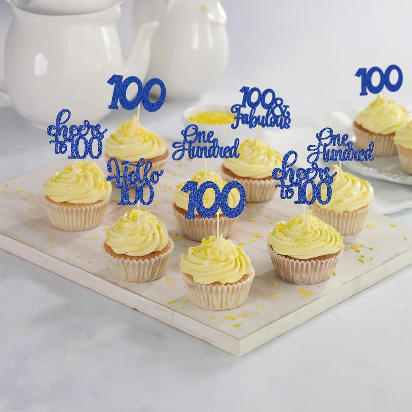 30pcs Happy 100th Birthday Cupcake Toppers - Deep Blue Glitter One Hundred Cheers to 100 Years Old Cupcake Picks for Anniversary Party Cake Decorations