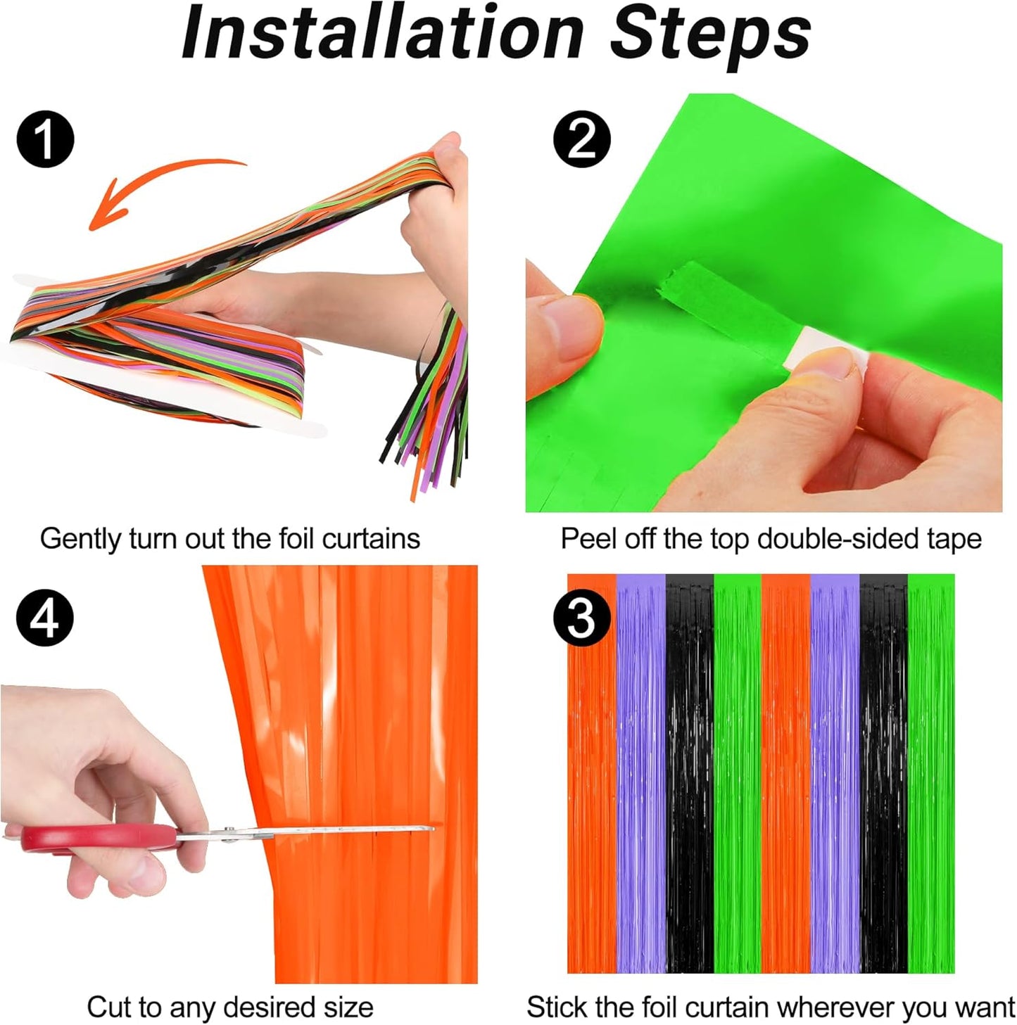 2 Pack Halloween Backdrop, 3.28 FT x 7.05 FT Orange Purple Black Green Party Streamer, Metallic Foil Curtains Tinsel Backdrop, Halloween Party Decorations Photo Props for Door Wall