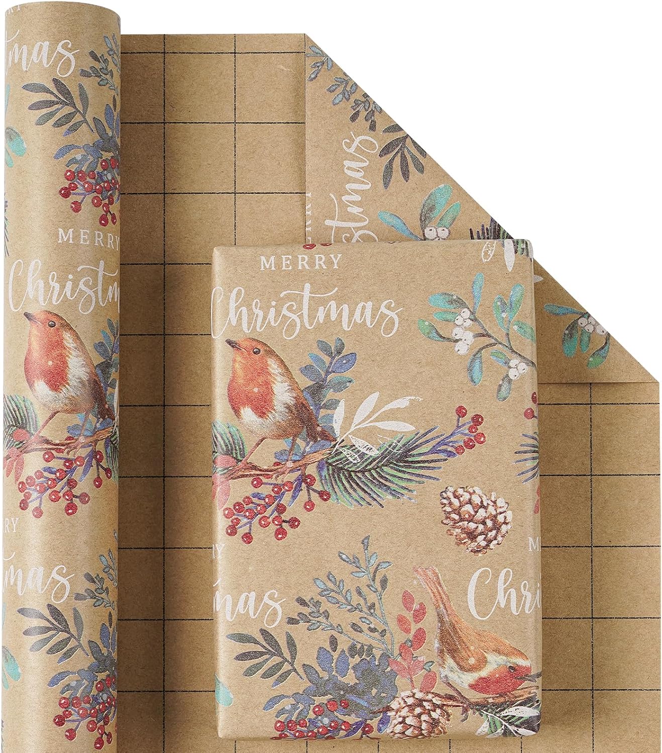 RUSPEPA Kraft Christmas Wrapping Paper Roll, Mini Roll, Vintage Bird on Pine Branch Design with Merry Christmas, Natural Scene Gift Wrap for Women, Friends, Family, Xmas Gifts, 17 Inches x 16.4 Feet
