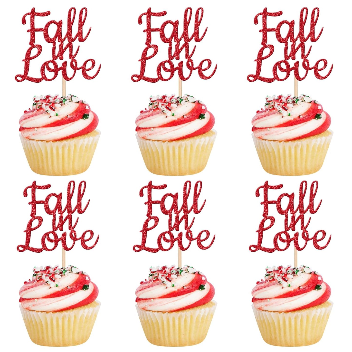 24 PCS Fall in Love Cupcake Toppers Glitter Fall Theme Party Cupcake Picks Bridal Shower Cupcake Decorations for Autumn Wedding Engagement Anniversary Birthday Party Cake Decorations Supplies Red