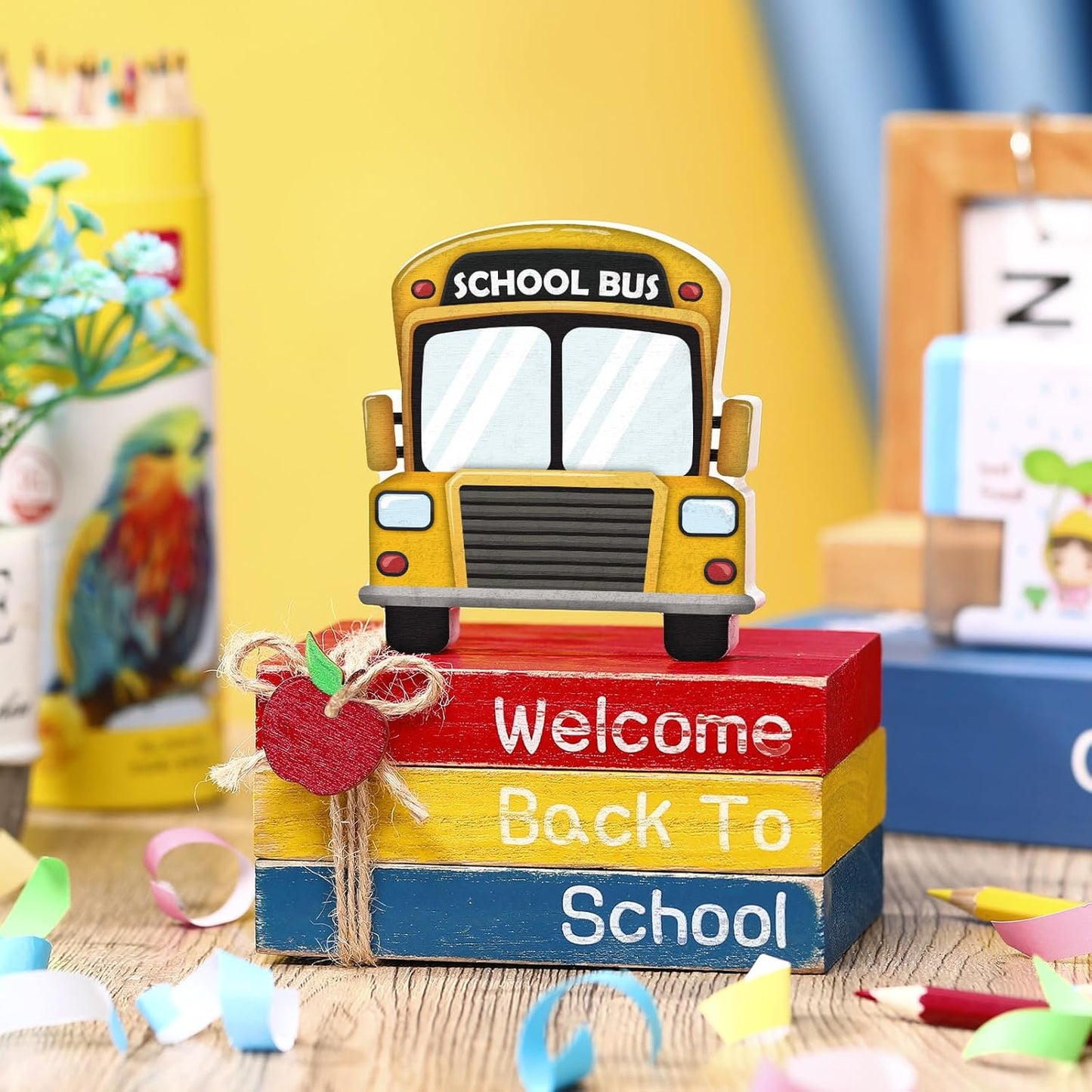 4 Pcs Back to School Table Decorations First Day of School Tiered Tray Decorations Decorative Mini Wooden Books Subject Signs for Office Shelf Classroom Tabletop Bookshelf(Bus)