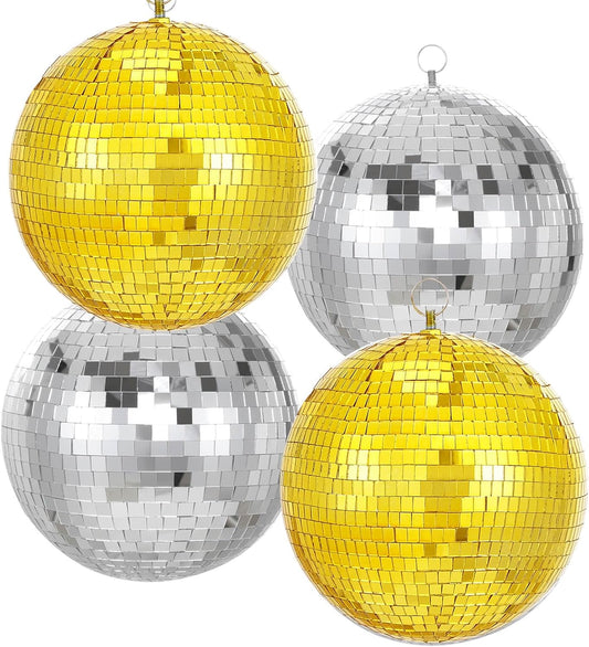 Gold Hanging Mirror Disco Ball : 6 Inches Reflective Silver Ball - 70s Party Club Stage Props DJ Light Effect Decoration (6''-4PCS Gold and Silver)