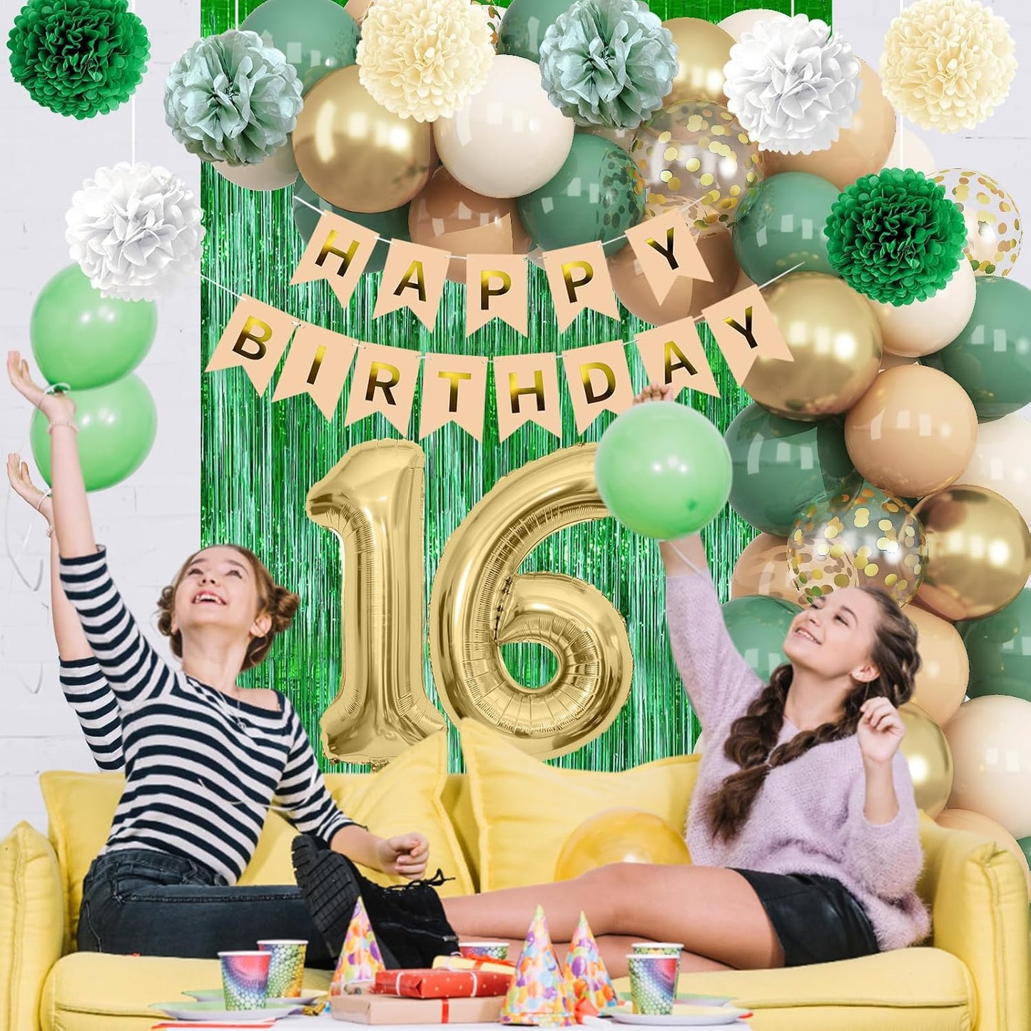Sage Green 16th Birthday Decorations for Boys Girls Gold Number 16 Balloon Nude Gold Happy Birthday Banner Fringe Curtain Paper Pom Poms Olive Green Cream White Sand Star Foil Balloons Party Decor