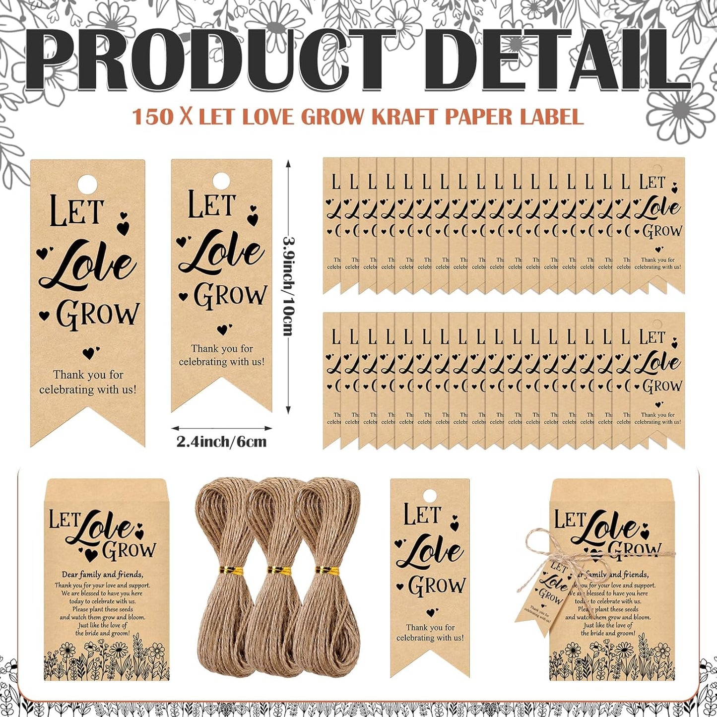 150 Sets Let Love Grow Wedding Favors for Guests Wedding Thank You Gifts Bulk Include Flower Seed Packets Tags and Hemp Ropes Craft Envelops for Bridal Shower Engagement Party Favors