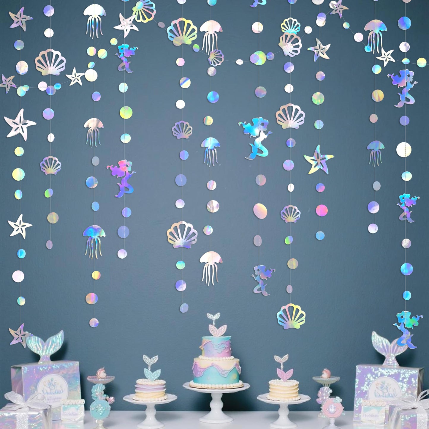 40 Ft Iridescent Mermaid Garland with Jellyfish SeaShell Starfish Pearl Holographic Paper Streamer