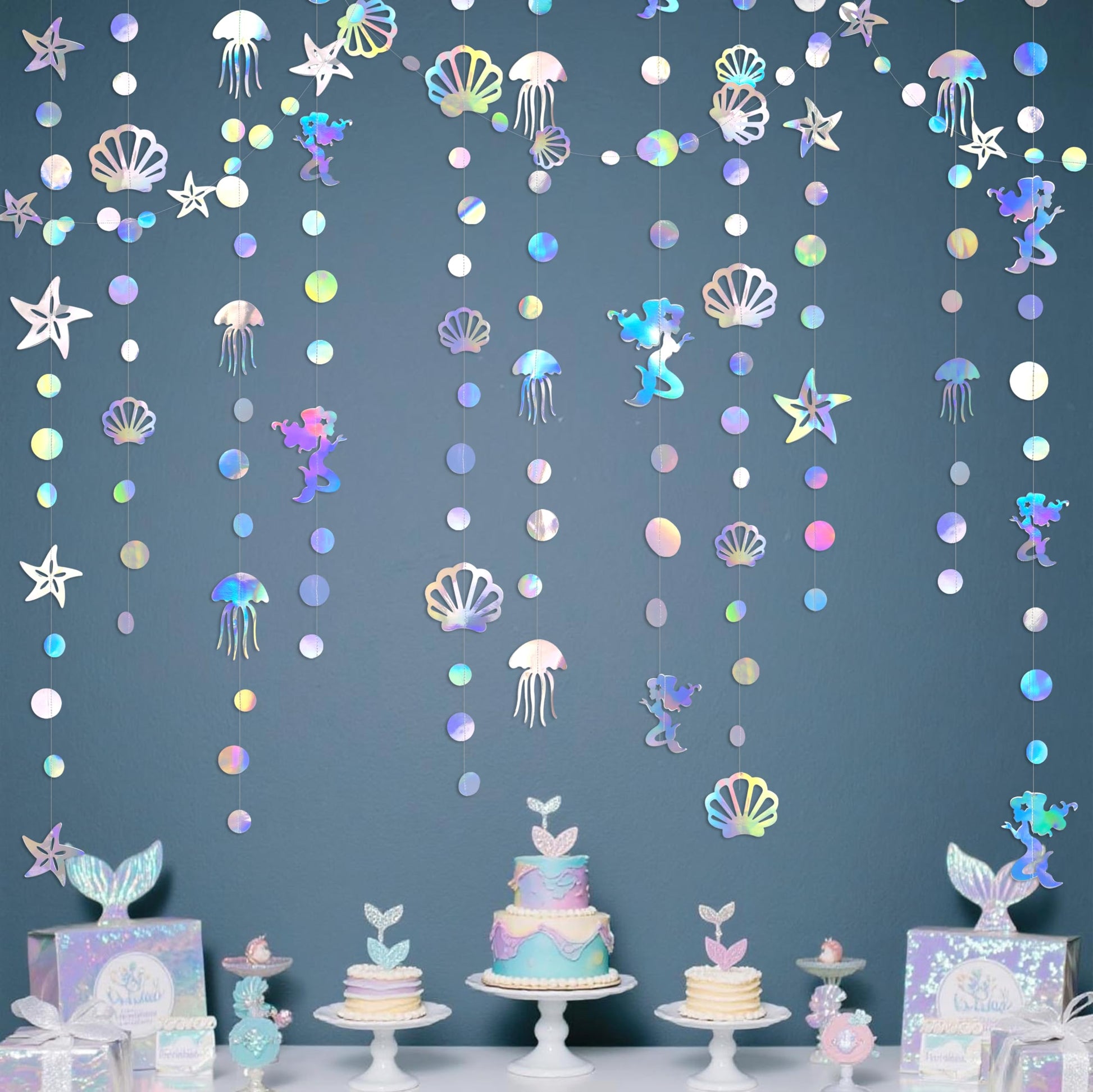40 Ft Iridescent Mermaid Garland with Jellyfish SeaShell Starfish Pearl Holographic Paper Streamer