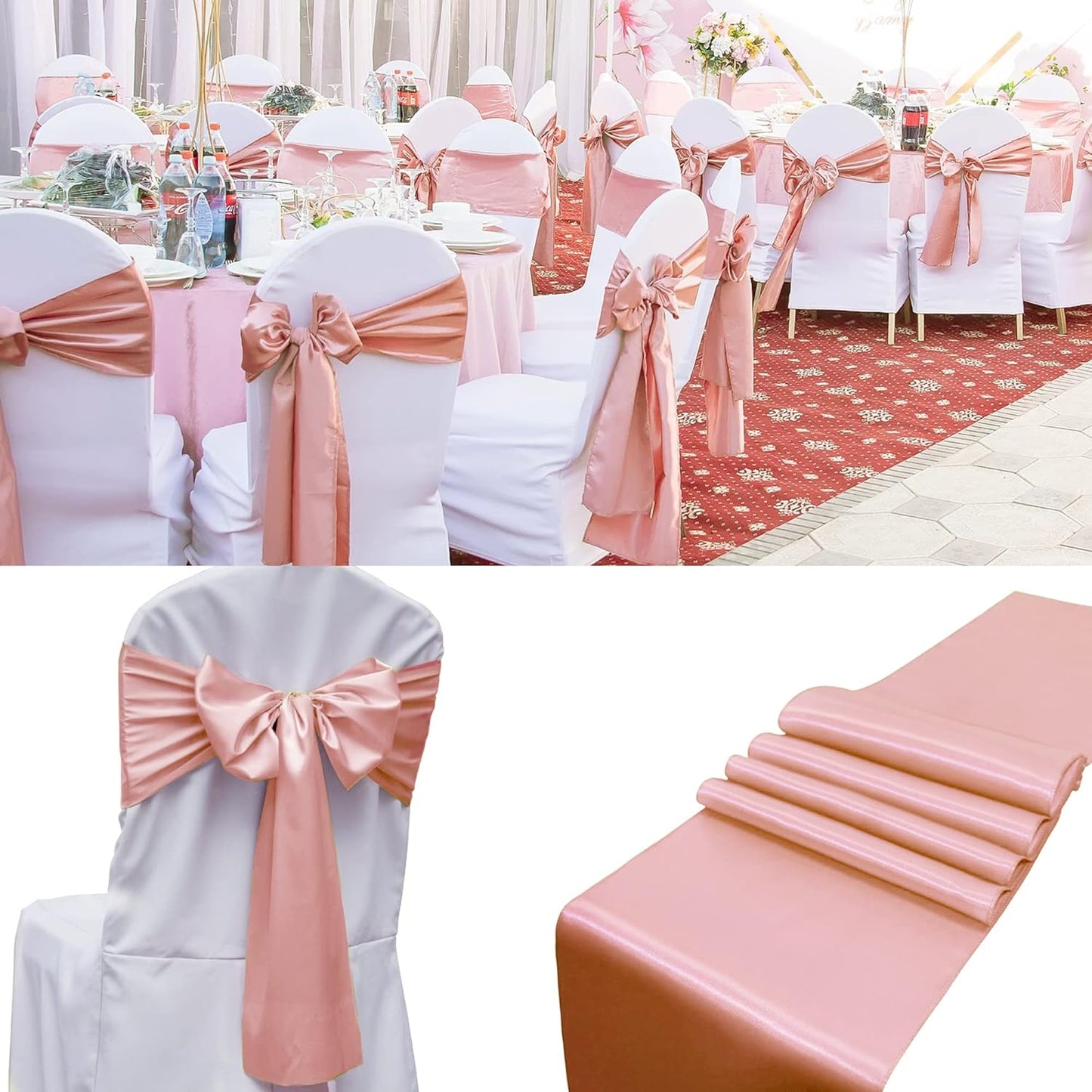 100 PCS Satin Chair Sashes Decorative Bow Chair Ribbon Bows Chairs Cover Band Back Sashes Ties for Wedding Party Ceremony Reception Events Banquet Restaurant Home Kitchen Decor(7 x108 inch,Rose Gold)