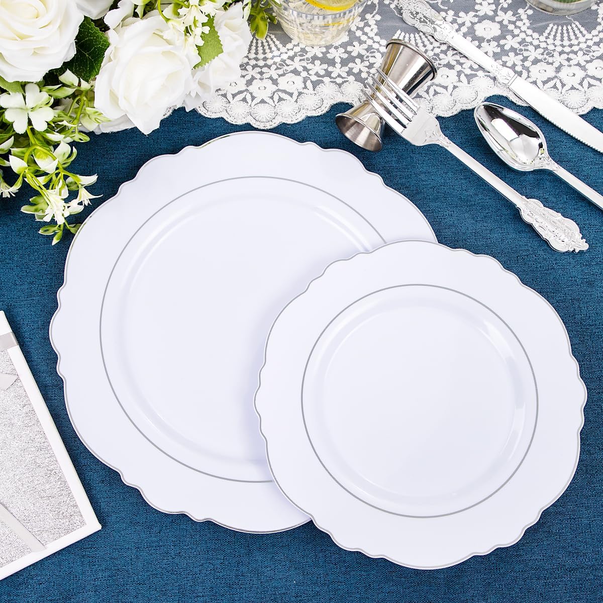 Liacere 350PCS Silver Plastic Plates-Disposable White and Silver Plates 50guest Baroque Plastic Dinnerware Set include 100Plates, 50Pack Pre Rolled Napkins with Silverware 50Cups Perfect for Chrismas