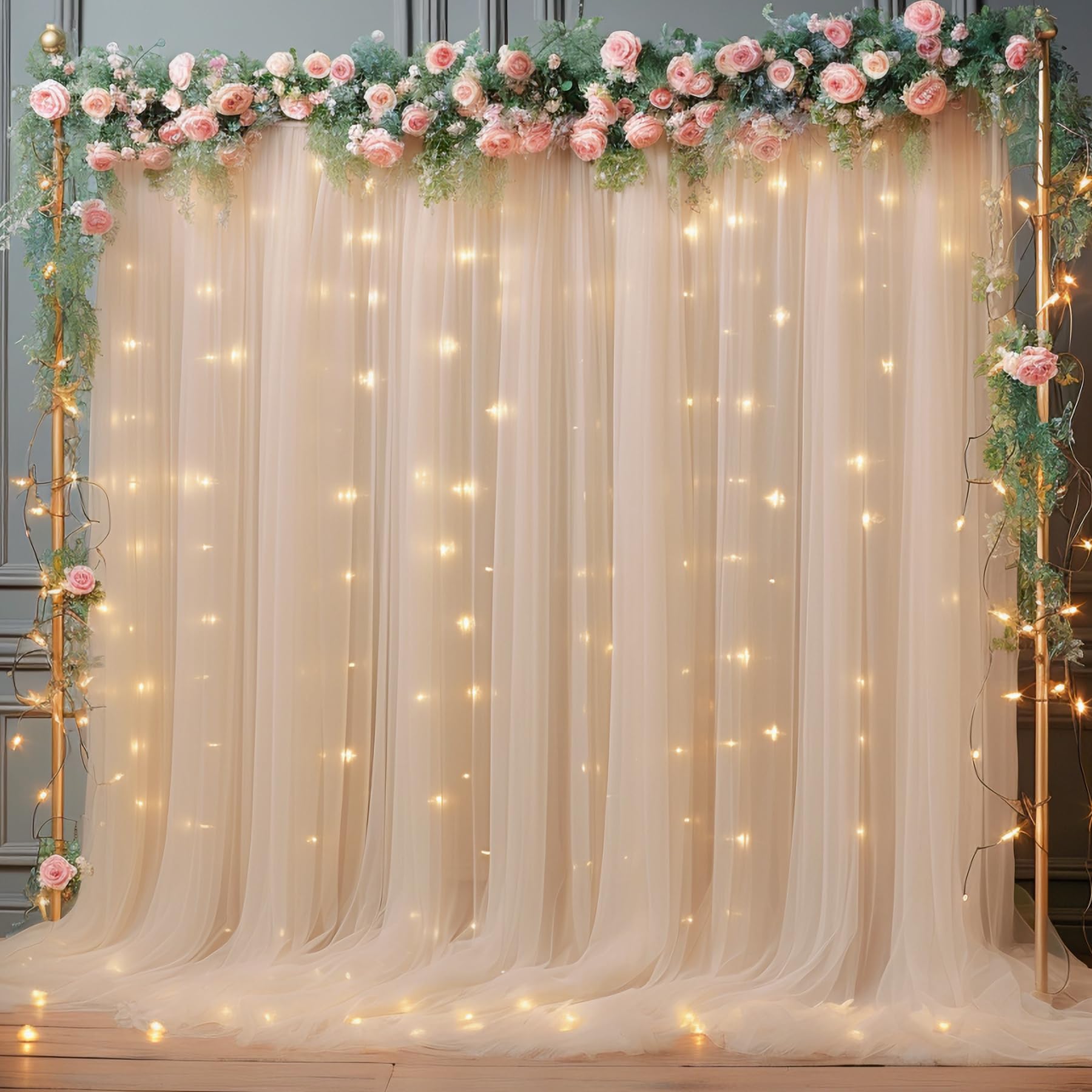 10x10ft Champagne Tulle Backdrop Curtain with Lights String for Parites, Sheer Backdrop Curtains