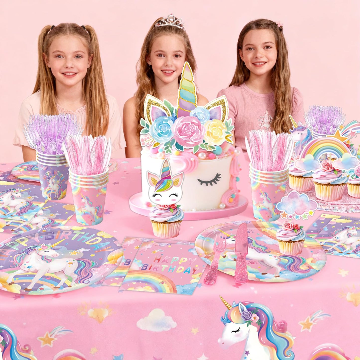 NKPDAXM Unicorn Birthday Decorations - Plates, Napkins, Cups, Cutlery, Hanging Swirls, Banner