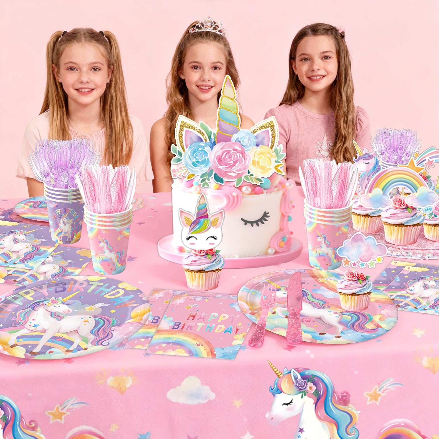 NKPDAXM Unicorn Birthday Decorations - Plates, Napkins, Cups, Cutlery, Hanging Swirls, Banner