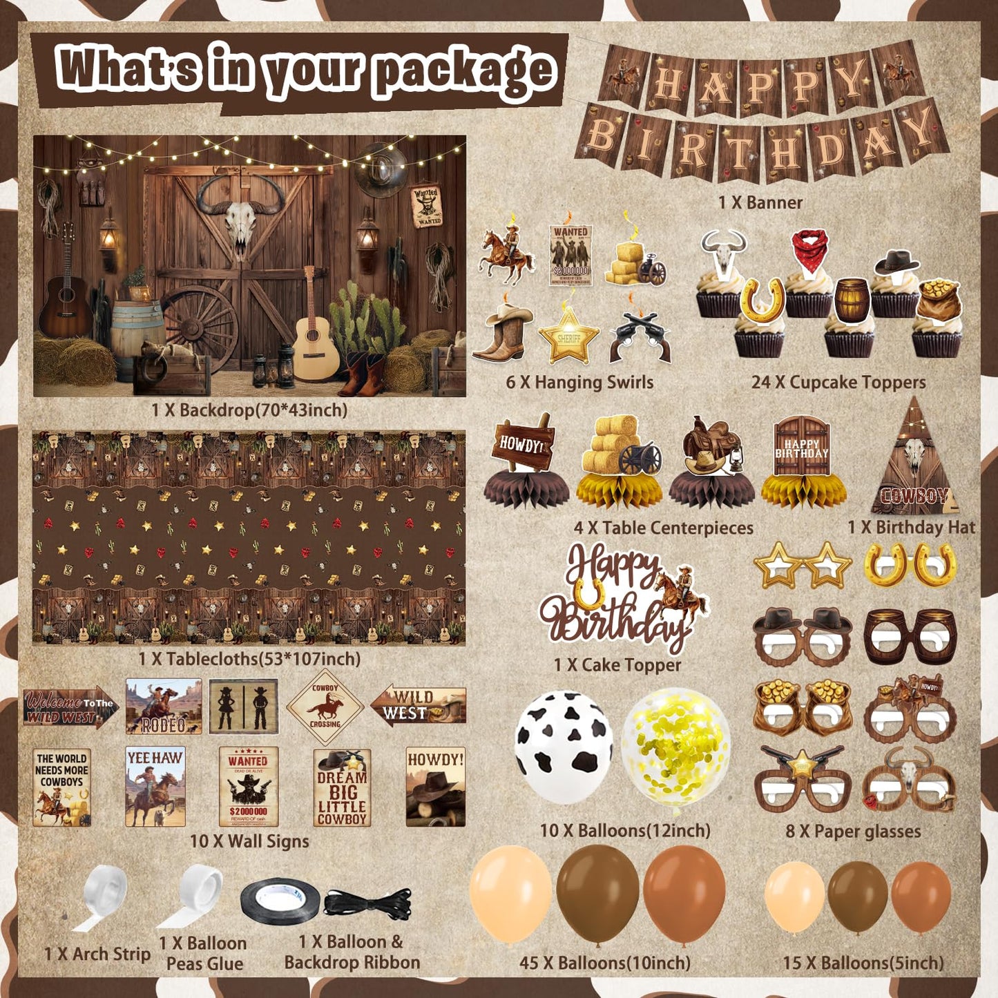 LXlucktim Western Party Decorations, 126 Pcs Wild West Cowboy Rodeo Bday Party Decor Supplies for