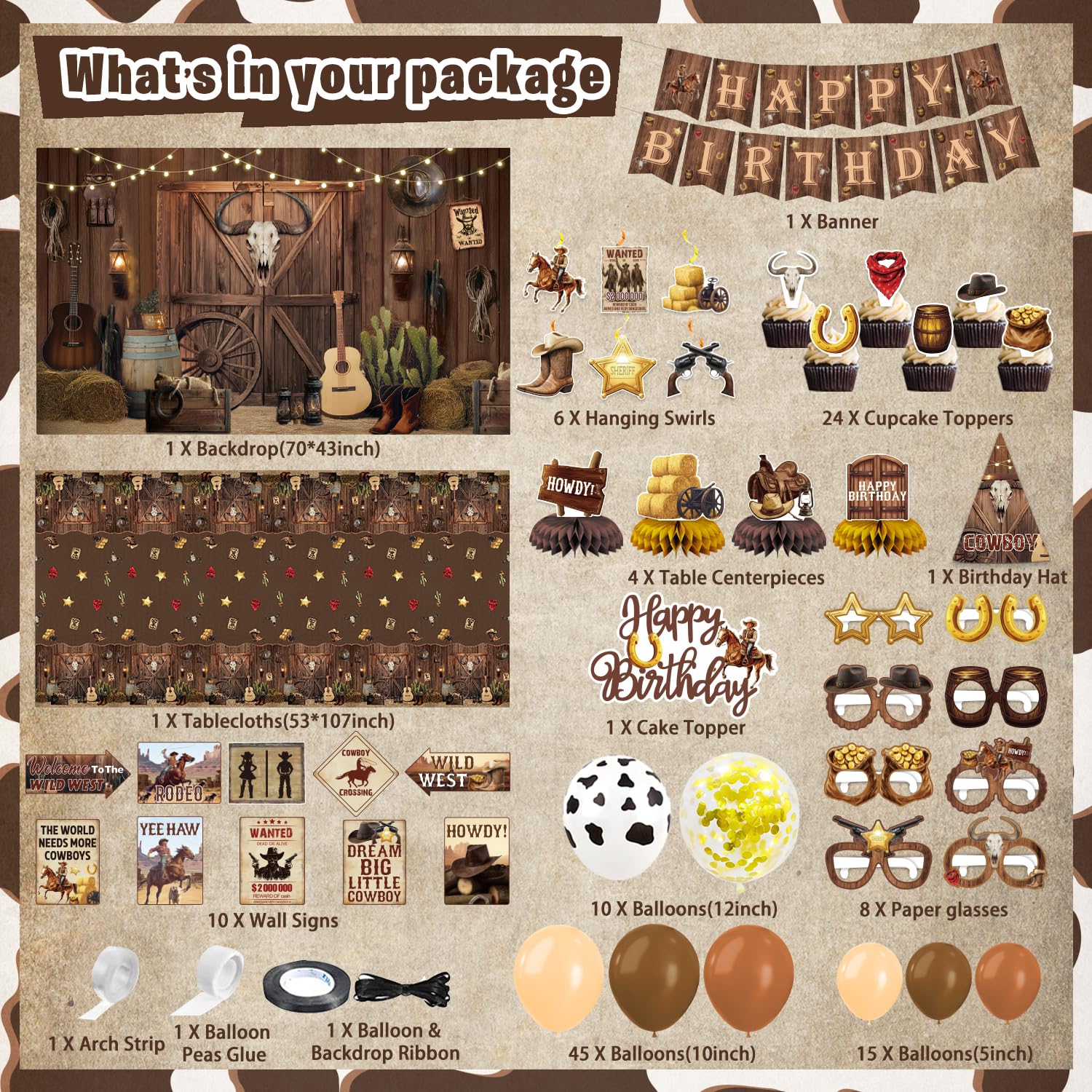LXlucktim Western Party Decorations, 126 Pcs Wild West Cowboy Rodeo Bday Party Decor Supplies for