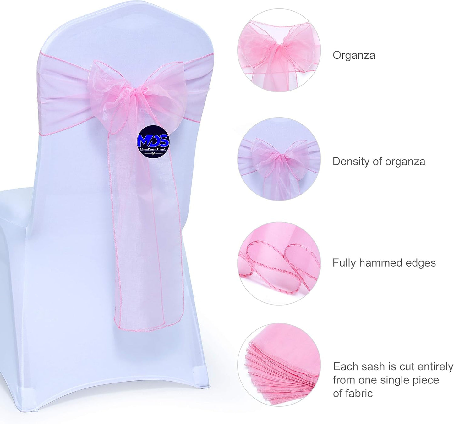 MDS Pack of 200 PCS Organza Chair Sashes Wider Dining Chair Bows Ribbon Tie Back for Wedding Party Birthday Bridal Shower Reception Event Banquet Home Chair Cover Decoration - Blush Pink