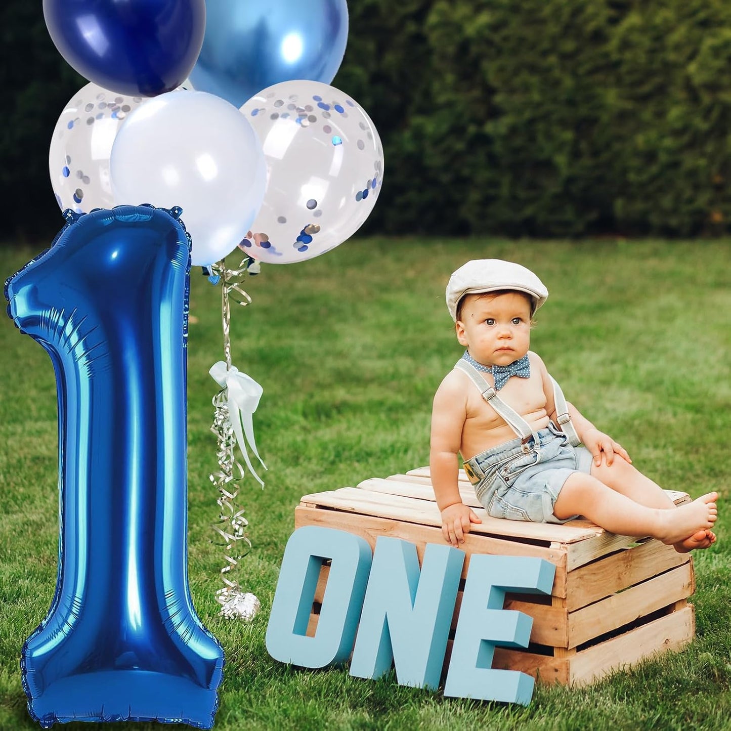Dark Blue Number 1 Balloon 40 Inch, Large Balloon 1 with Metallic Light Navy Blue Silver Confetti Balloon, Self Inflating Helium Foil One Balloons for Boys 1st Birthday Party Baby Shower Decorations