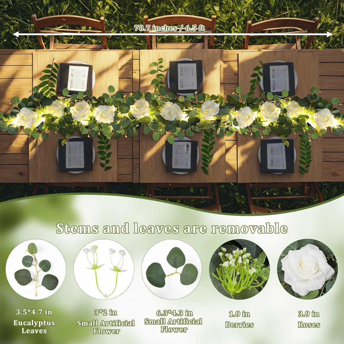 MACTING 2 Pack 13.2FT Eucalyptus Garland with Lights - Spring Gypsophila Flower Garland with 24 White Roses Artificial Floral Greenery Vine for Arch Table Centerpieces Backdrop Party Wedding Decor