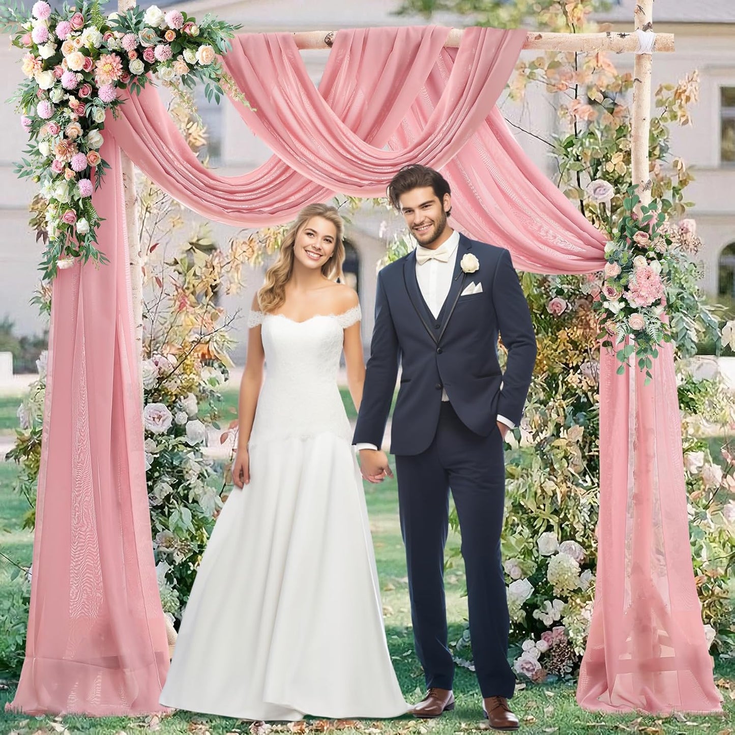 PARTISKY 10x7ft Dusty Rose Chiffon Backdrop Curtains, Wrinkle-Free Sheer Fabric Photo Drapes for Wedding Ceremony Arch Birthday Baby Shower Photography Stage Decor 5X 7ft, 2 Panel