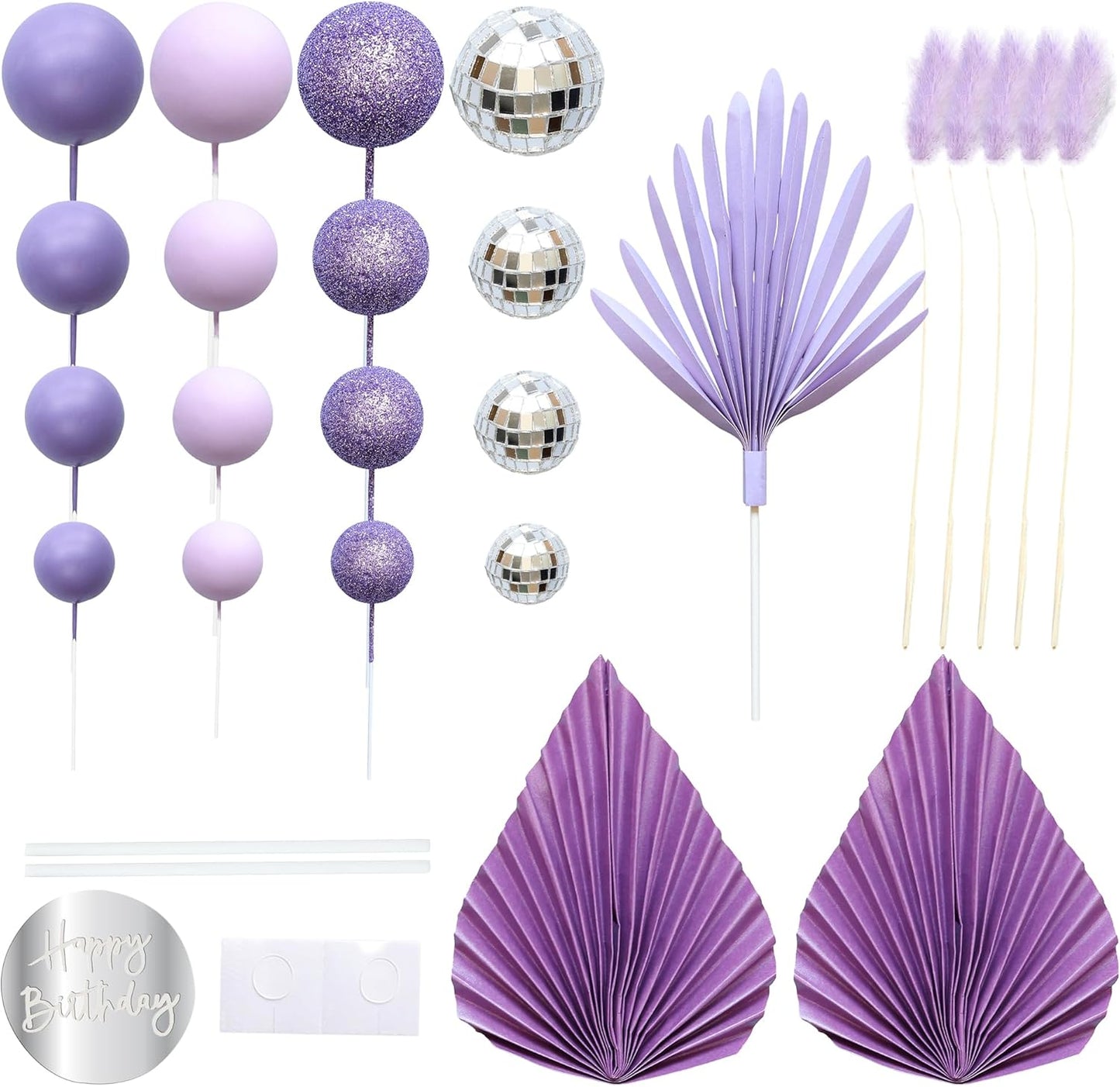 Ephlyn 33 Pack Balls Cake Toppers Boho Palm Leaves Cake Decorations Round Acrylic Happy Birthday Cupcake Toppers for Birthday Wedding Baby Shower Party Supplies Purple