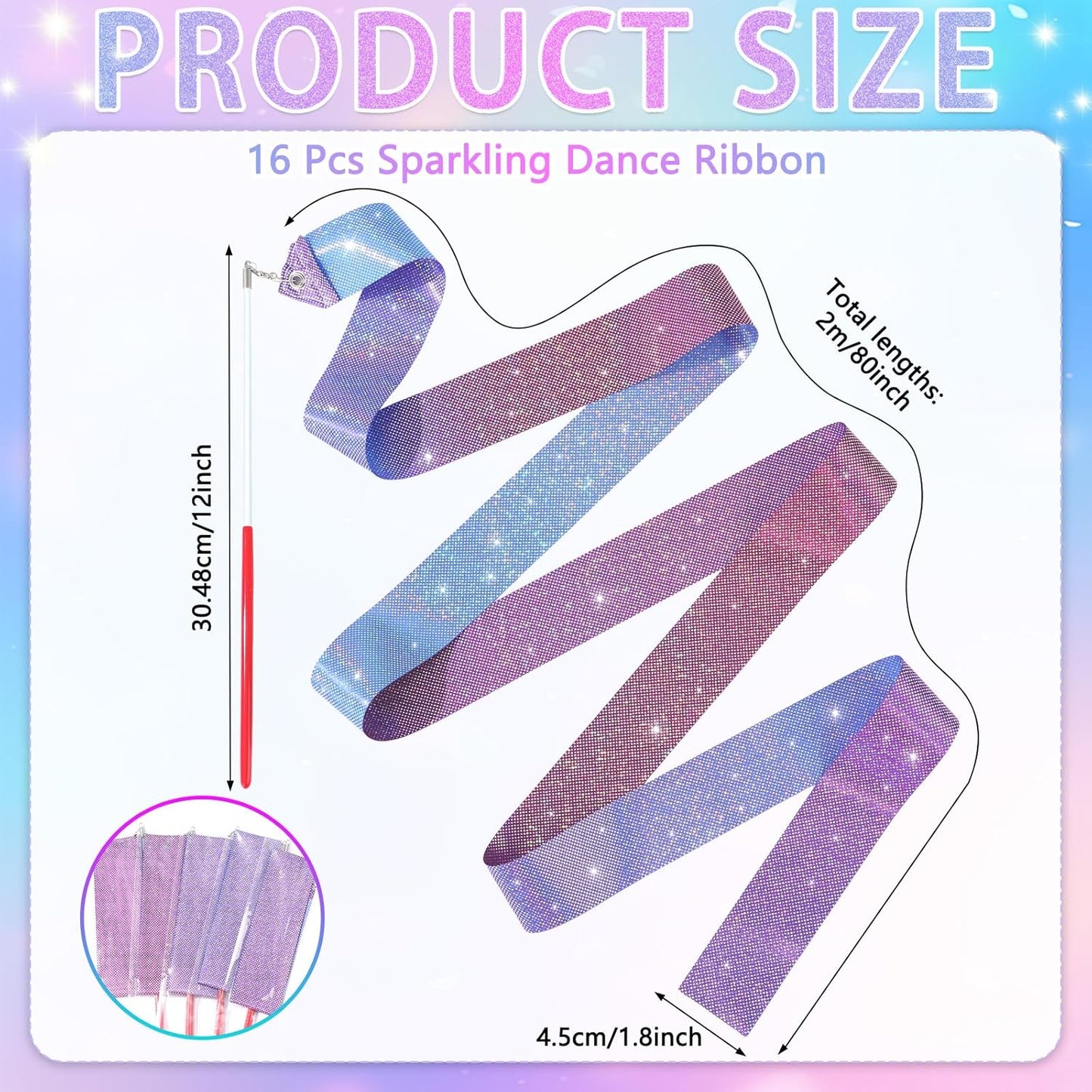 16 Pcs Sparkling Dance Ribbon for Kids Rhythmic Gymnastics Birthday Party Favors Twirling Streamer for Girl Princess Artistic Dancing Outdoor Game Supplies(Gradient Blue Purple)