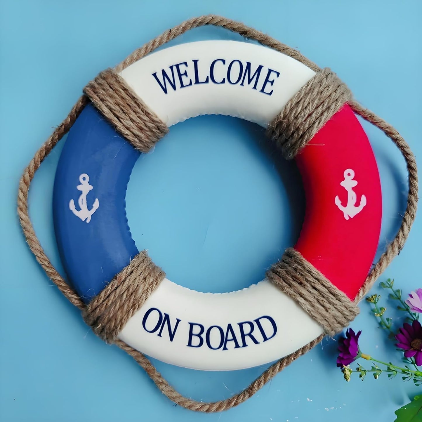 MorroMorn Lifebuoy Wall Hanging Decor - Welcome Aboard Mediterranean Style Home Decoration Hemp Rope (Red & Blue, 10")