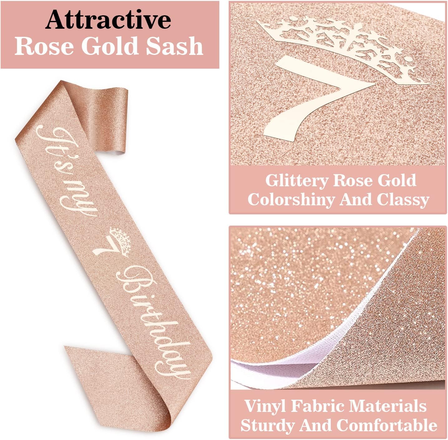 7th Birthday Decorations for Girl with Sash and Tiara, Numeral Candle and Cake Topper, 7 Year Old Birhtday Girls Rose Gold Party Favor Supplies