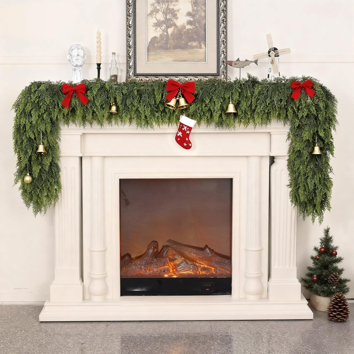 5FT Real Touch Cedar Garland - Artificial Christmas Garland Fake Green Faux Thick and Lush Pine Needles Garlands for Table Fireplace Mantle Holiday Home Indoor Outdoor Decor (2PCS)