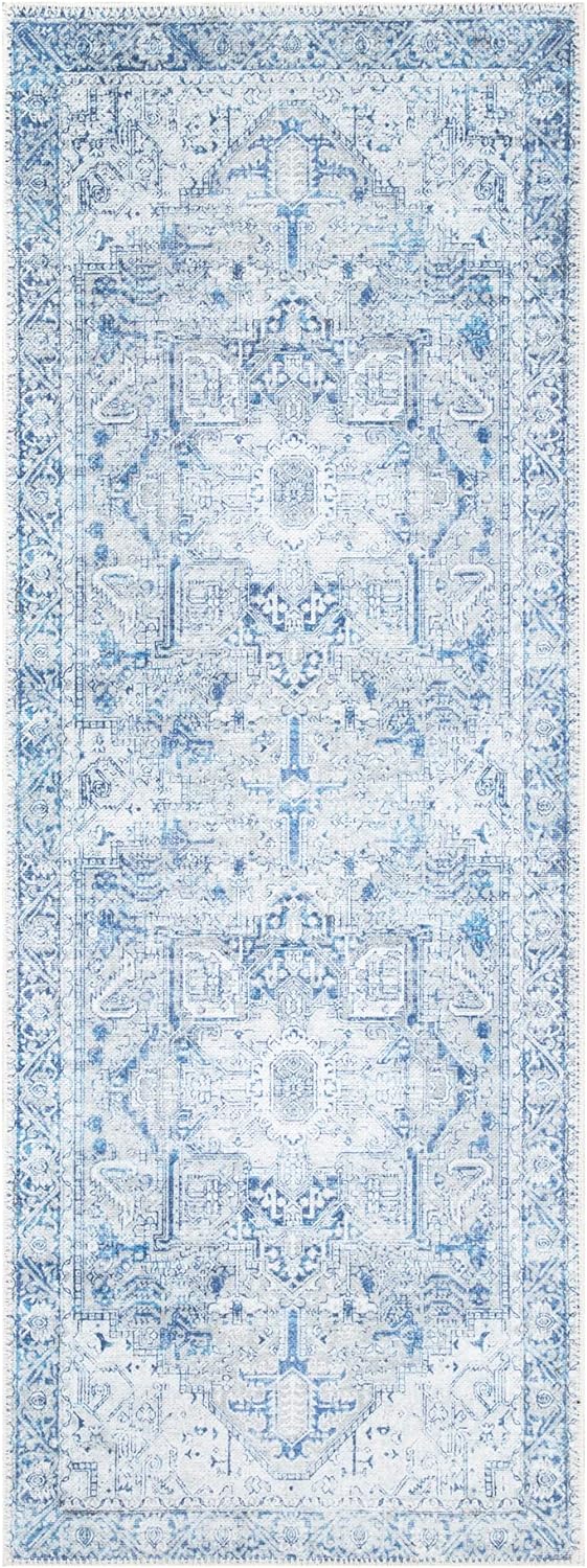 Bloom Rugs Washable Non-Slip 7 ft Runner - Blue/Gray Traditional Runner for Entryway, Hallway, Bathroom, and Kitchen - Exact Size: 2.5' x 7'