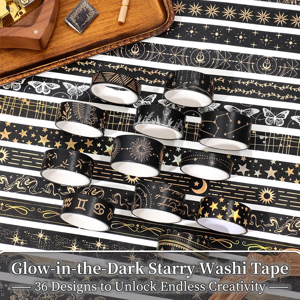 36 Rolls Glow-in-The-Dark Starry Washi Tape Set with Gold Foil Celestial Patterns - Writeable Decorative Tapes for Scrapbooking, Bible Journaling, Bullet Journals 0.6" x 79" per Roll