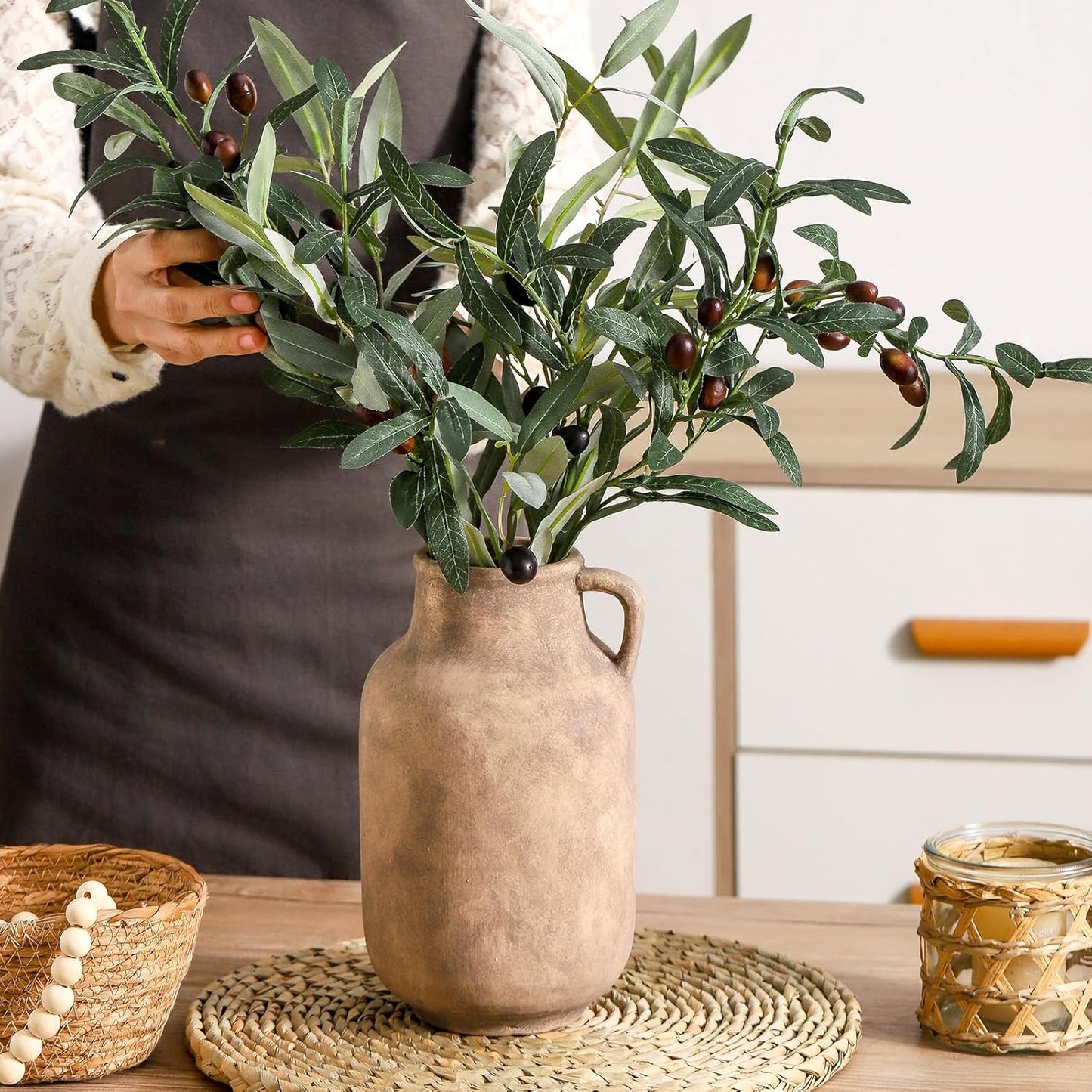 Ceramic Flower Vase Home Decor - 9.7 inch Large Table Flowers Vases Living Room Bedroom Plant Decorations Farmhouse Vintage for Kitchen Shelf Office Coffee Dining Desk House Women (Retro, 9.7")