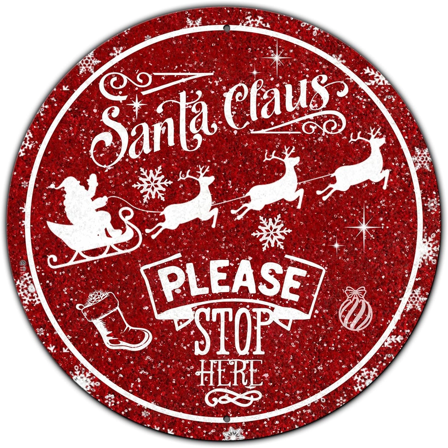 Round Metal Tin Sign - Santa Sleigh Reindeer Vintage Sign - Santa Claus Please Stop Here Sign for Christmas Living Room Bedroom Coffee Bar - 12 * 12 in