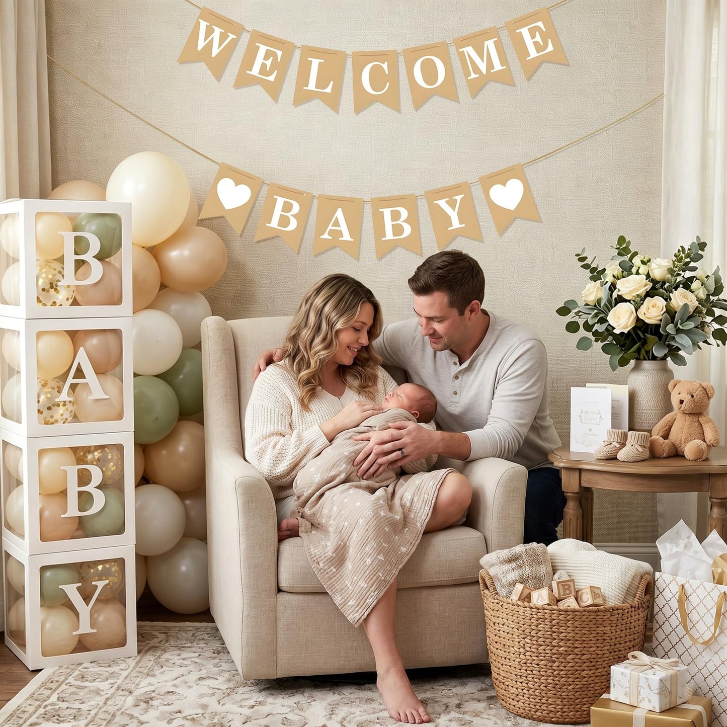 Welcome Baby Banner – Rustic Baby Shower Decorations, Gender Neutral Baby Shower Decor, Pre-Strung