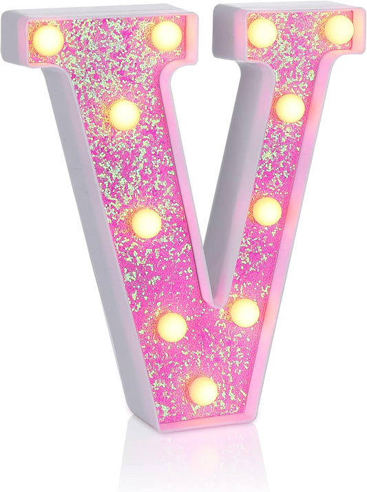 Foaky Pink Light up Letters，Pink Party Decorations,Girls Room Decor,Glitter Light Up Letters,Alphabet Letter Sign for Night Light Birthday Party Girls Gifts, Home Bar Decoration（V）
